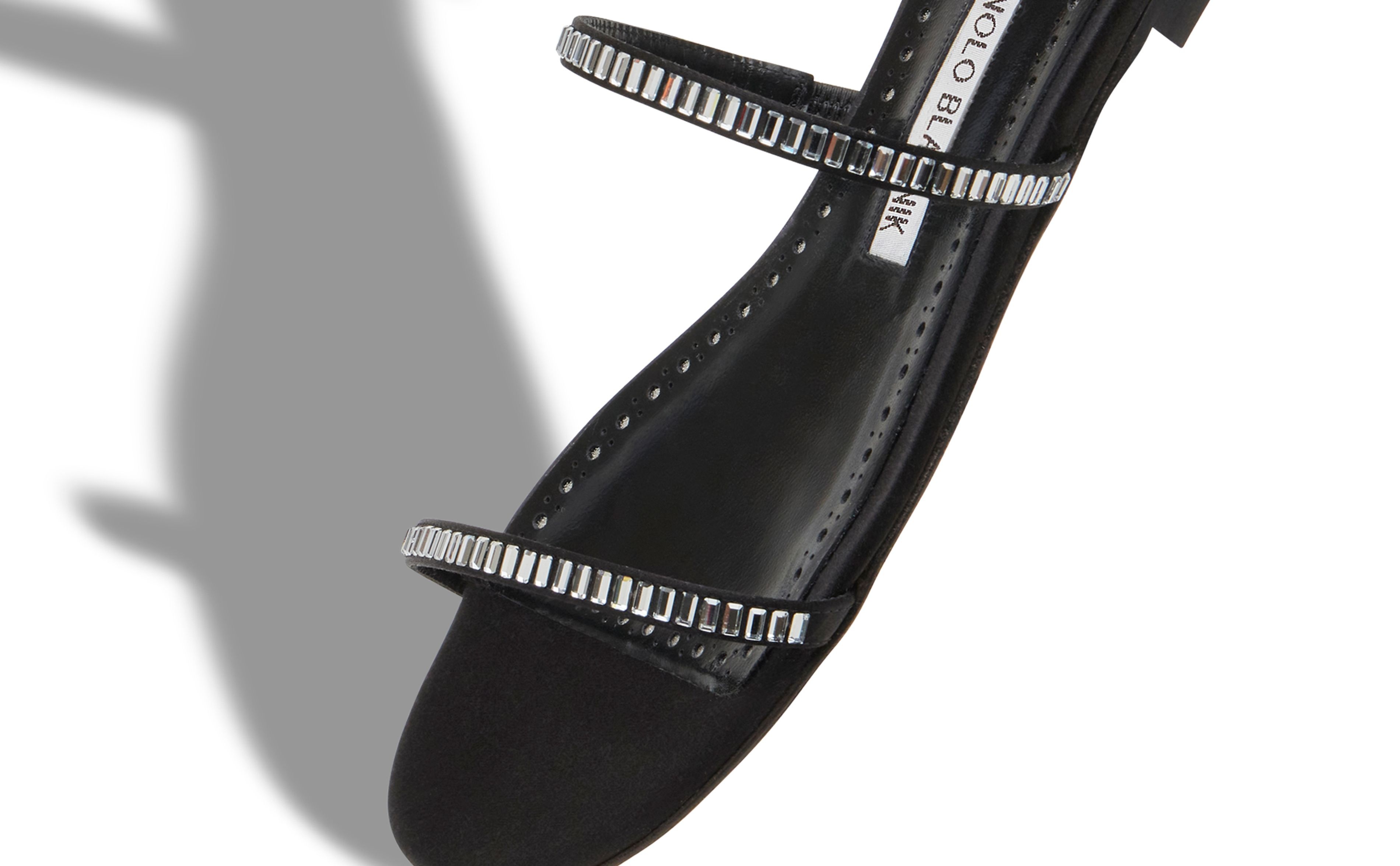 Black Satin Crystal Embellished Flat Sandals - 4