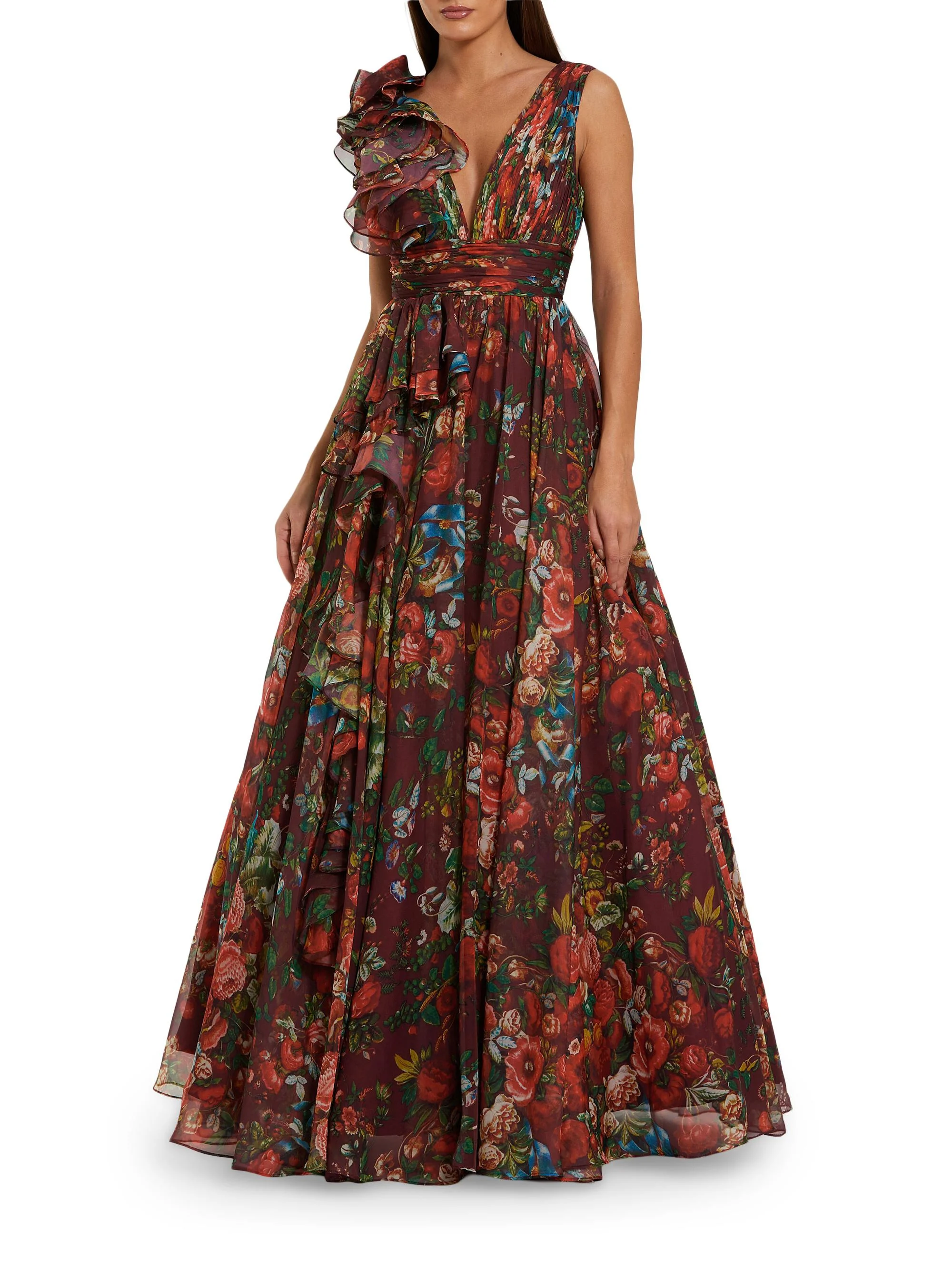 Women's Floral Chiffon Ruffled V-Neck Gown - Wine Multi - 1