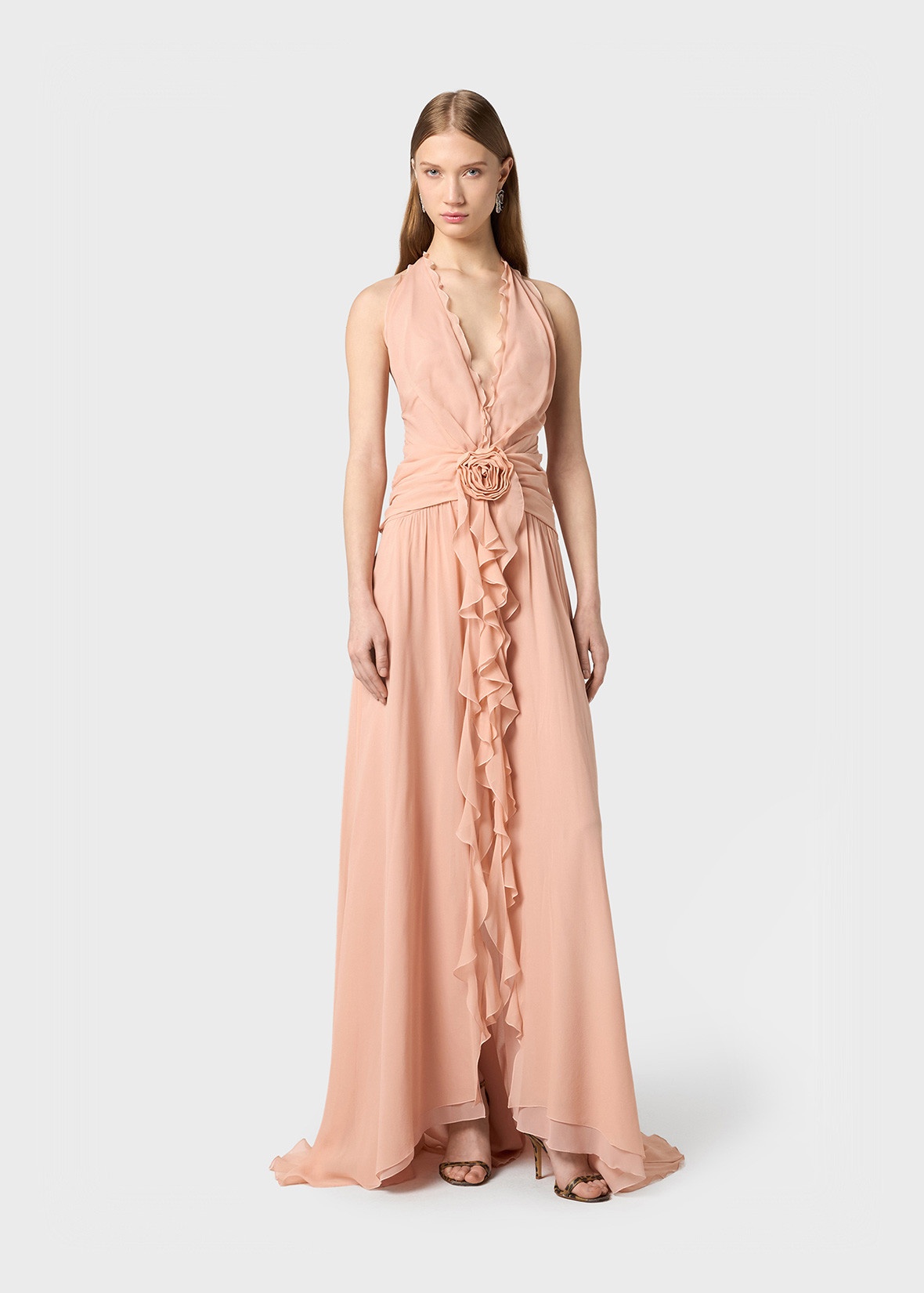LONG GEORGETTE DRESS WITH RUFFLES AND ROSE DECORATION - 2