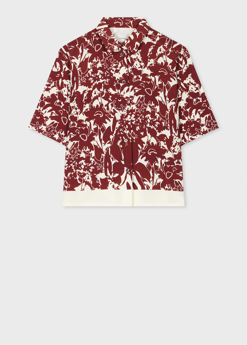 Women's Maroon and Ecru 'Avant Garden' Short-Sleeve Shirt 1
