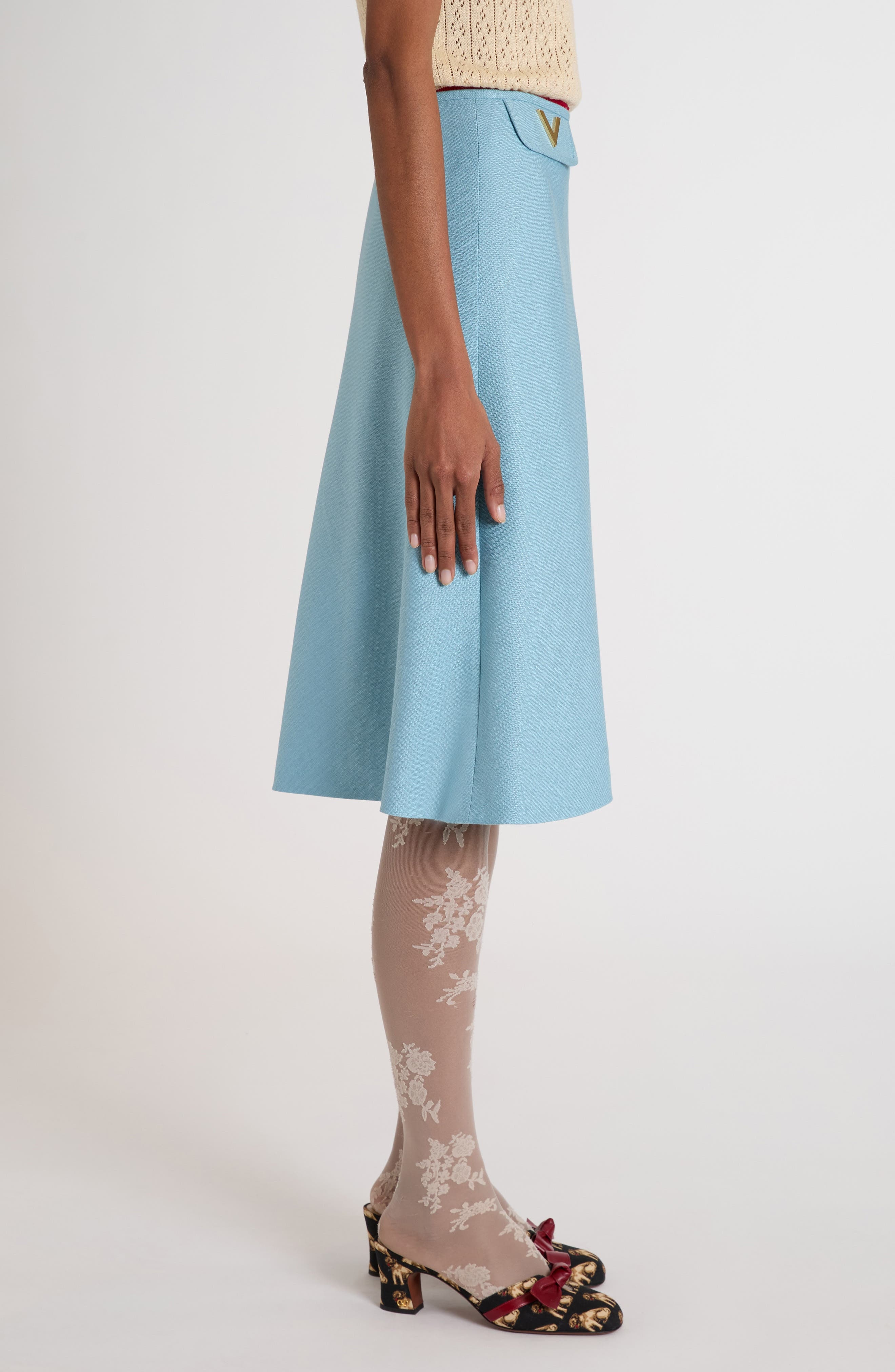 Valentino Garavani V-Detail Crepe A-Line Canvas Skirt in Grey/Blue at Nordstrom - 4