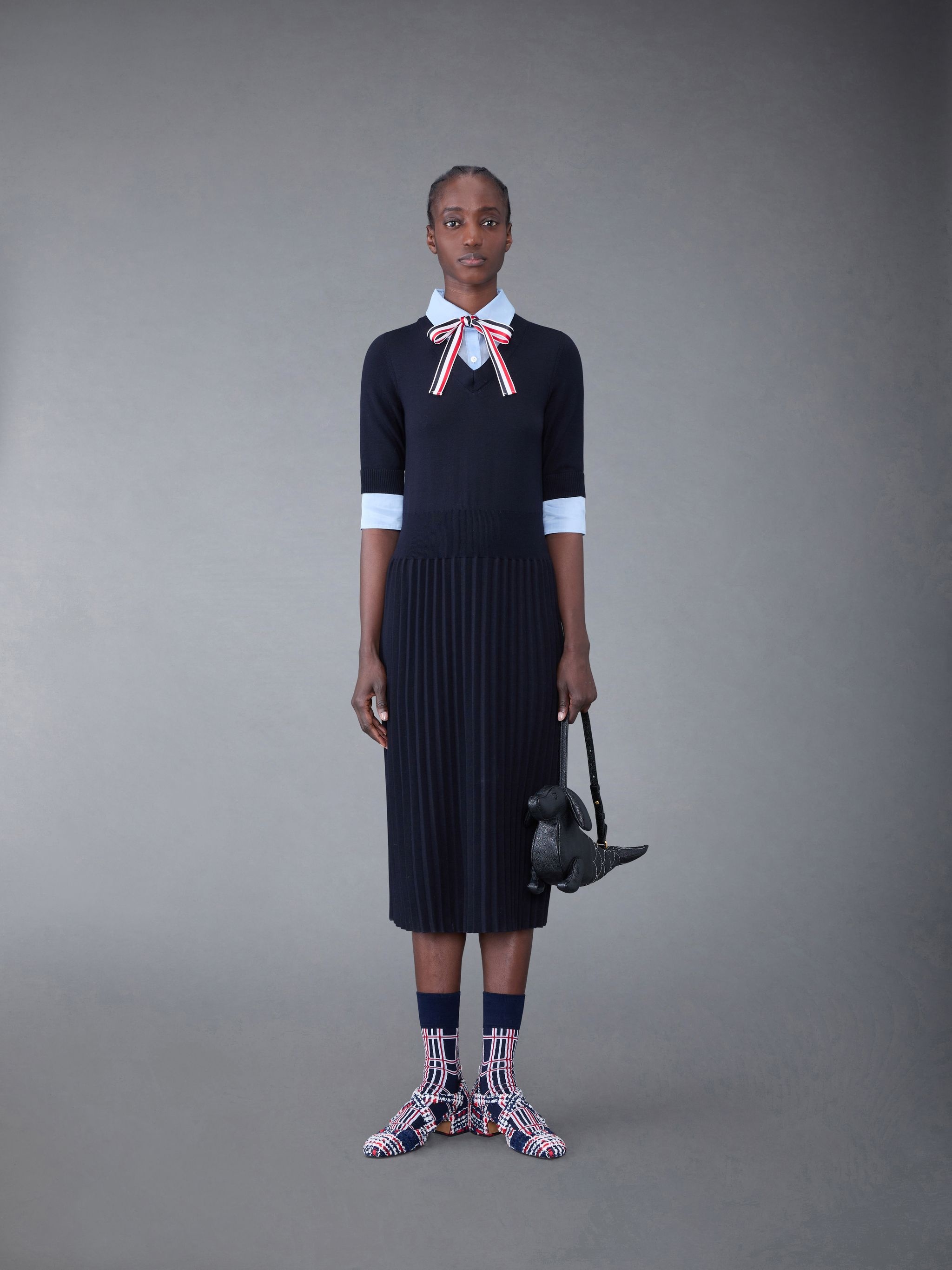 Wool Jersey Organza Pleated Bottom Ribbon Tie Combo Shirtdress - 3