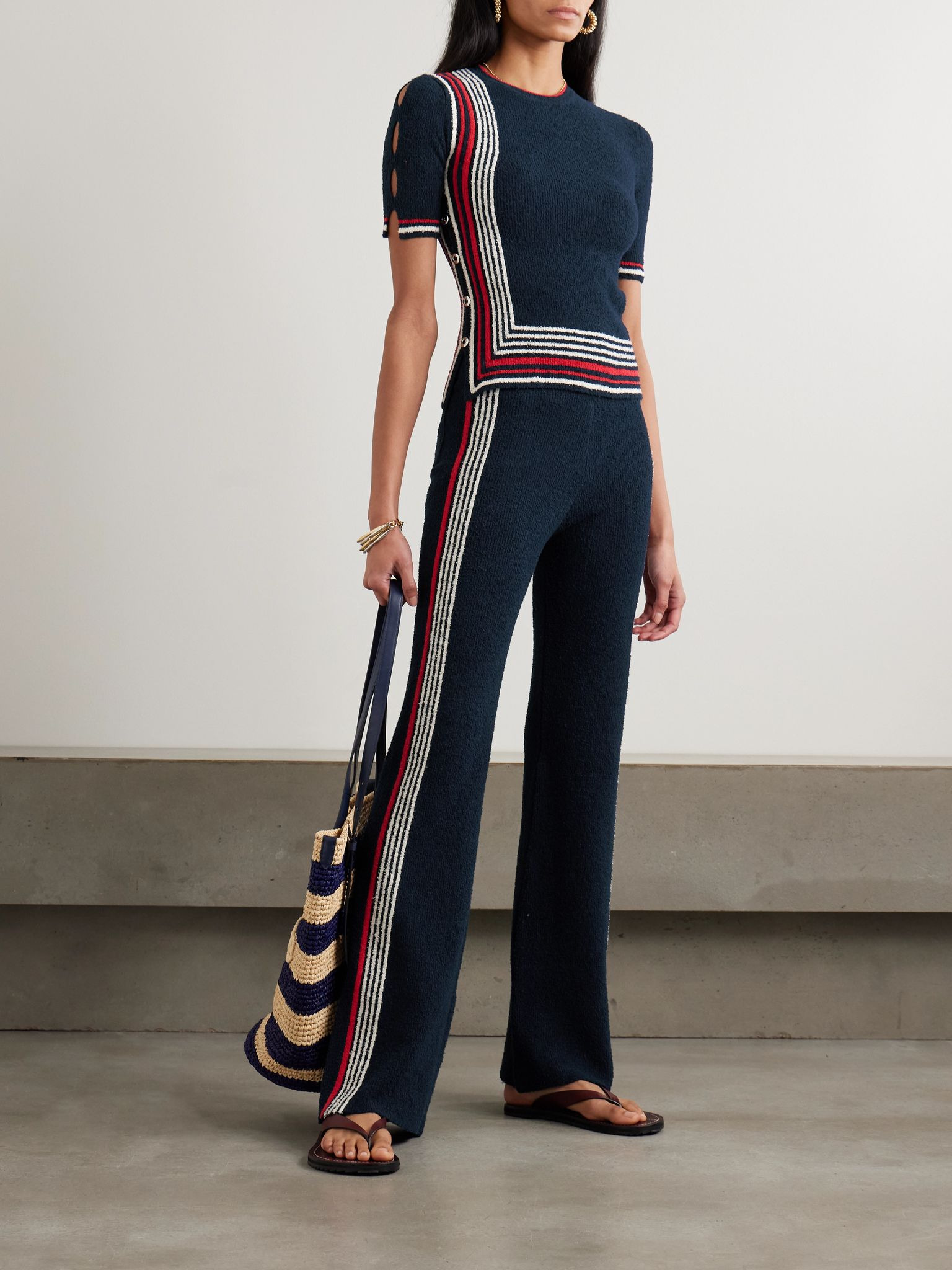 Button-embellished striped cotton-blend chenille sweater Navy - 2