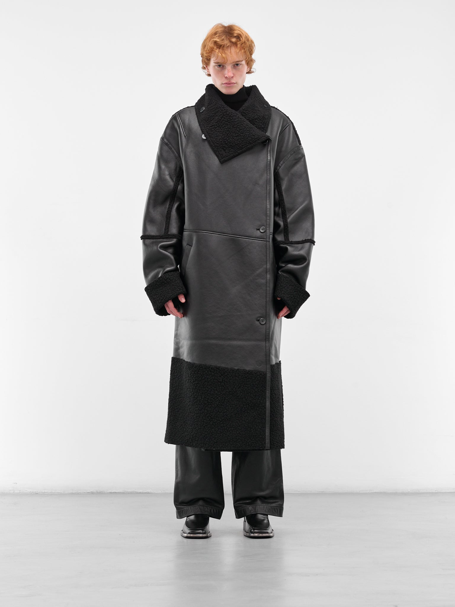 Black Leather Shearling Long Coat - 1