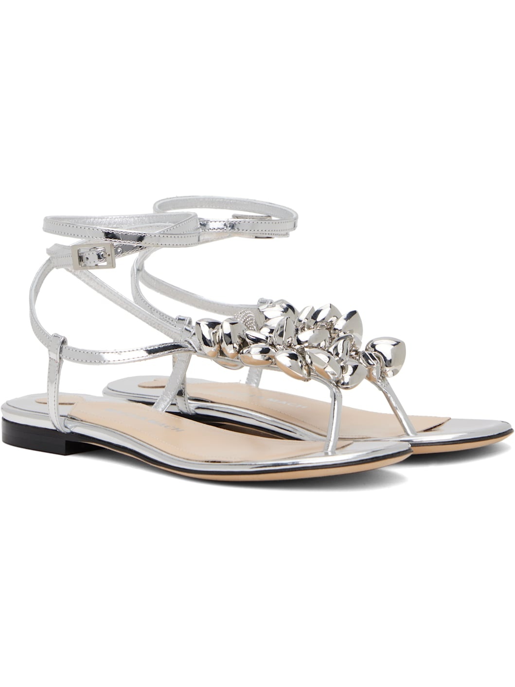Silver Puffy Heart Mirror Leather Thong Sandals - 4