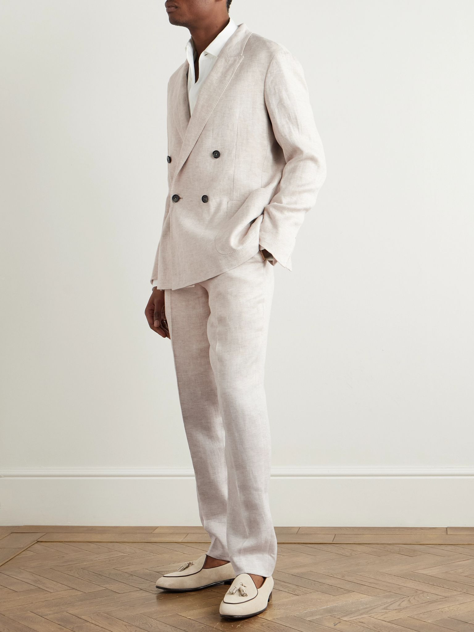Double-Breasted Linen-Twill Suit Jacket Beige - 2