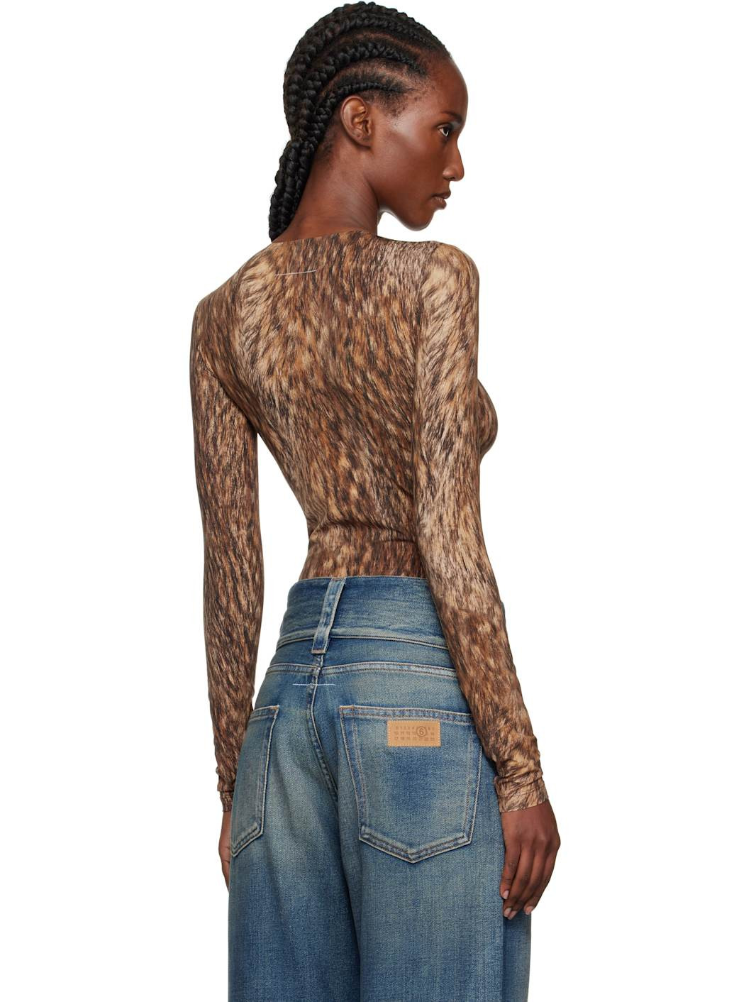 Brown Printed Jersey Bodysuit - 3