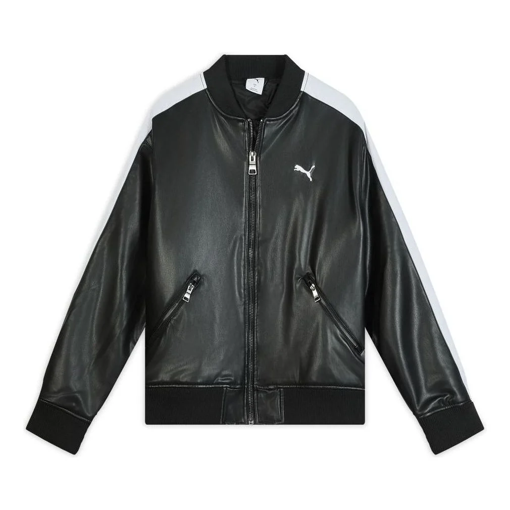 PUMA T7 Faux Leather Baseball Jacket 'Black White' 636319-01 - 1