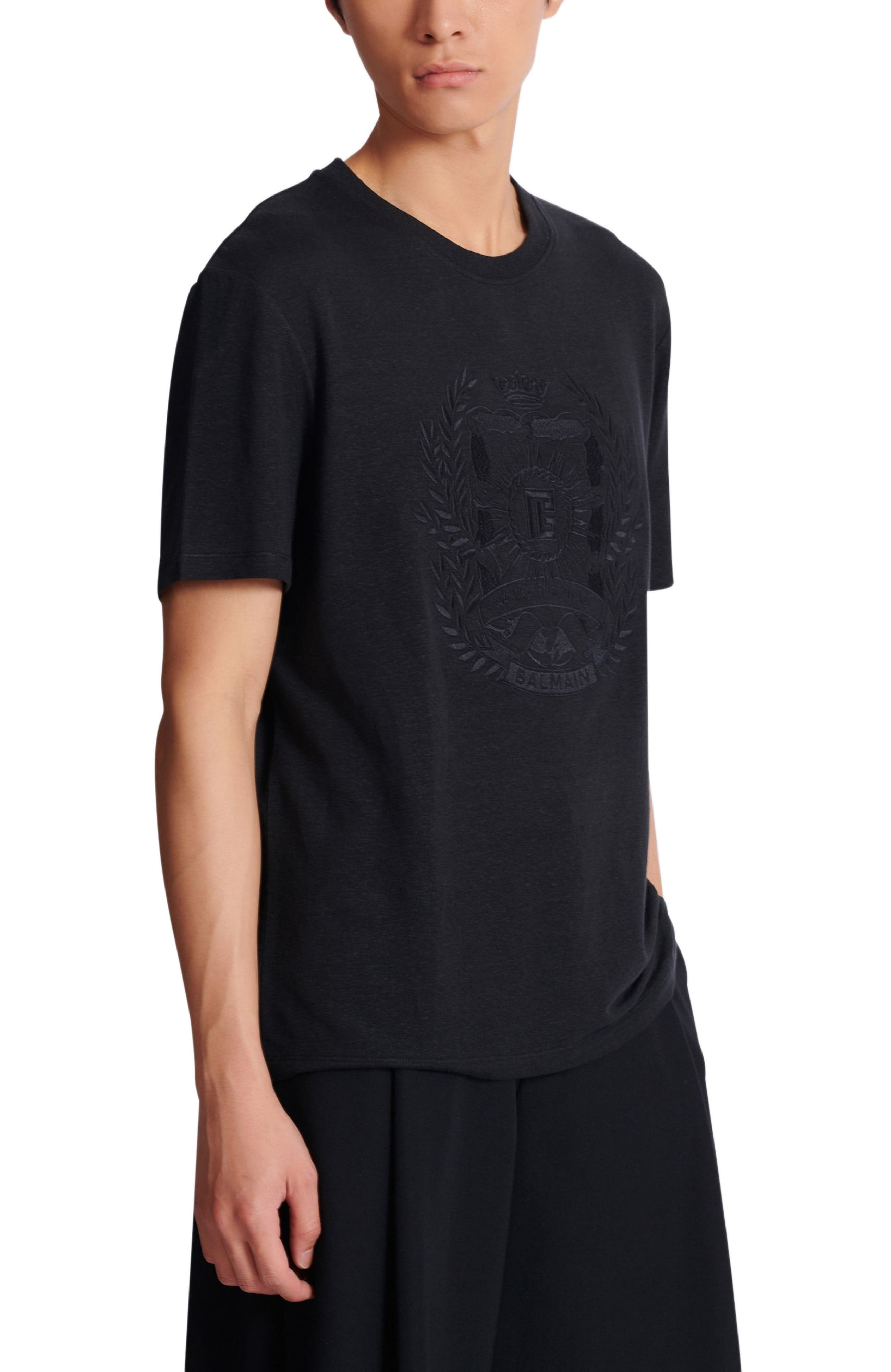 Balmain Écusson embroidered linen T-shirt in Black at Nordstrom - 4