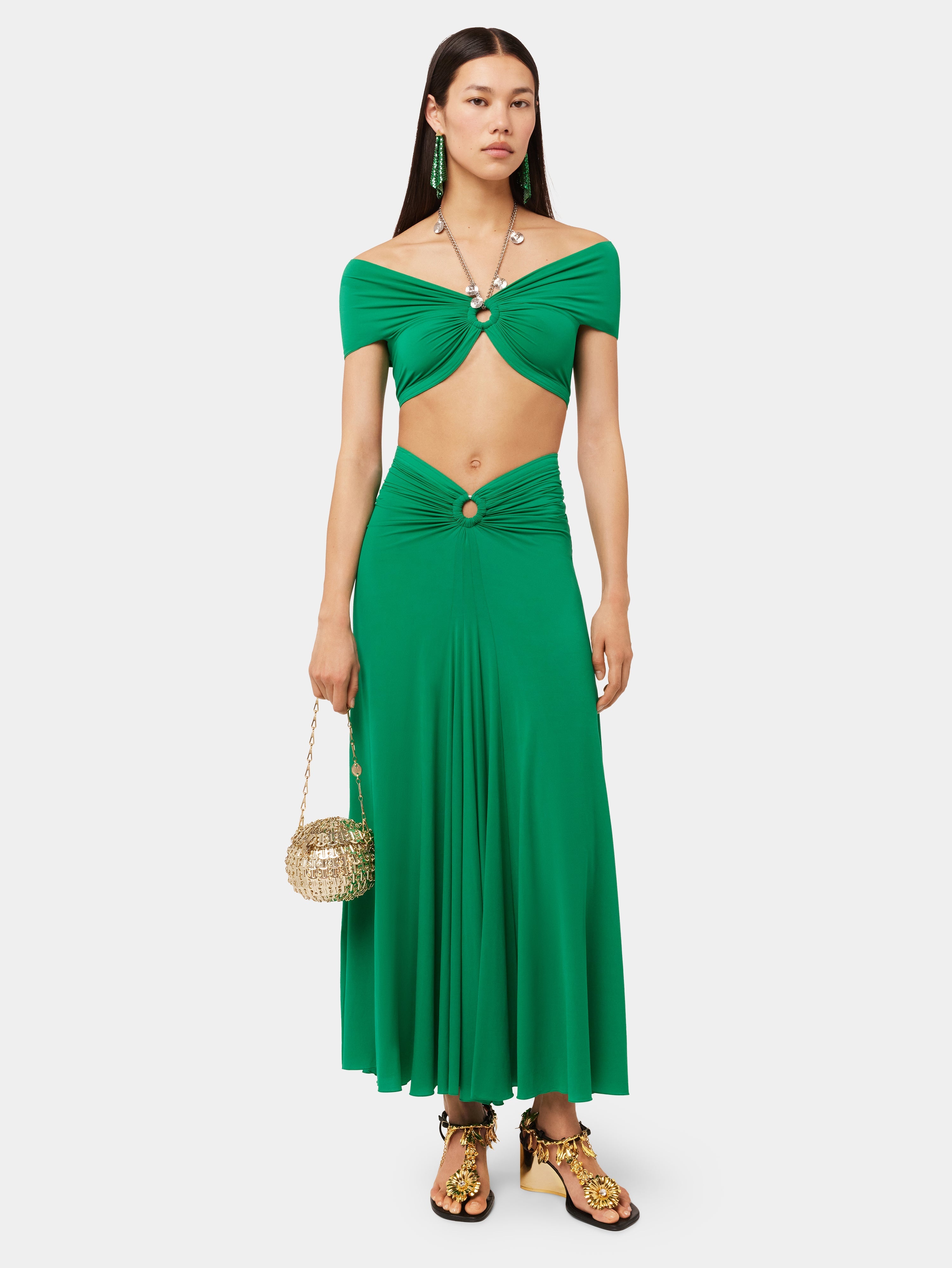 GREEN FLARED DRAPED SKIRT IN JERSEY - 2