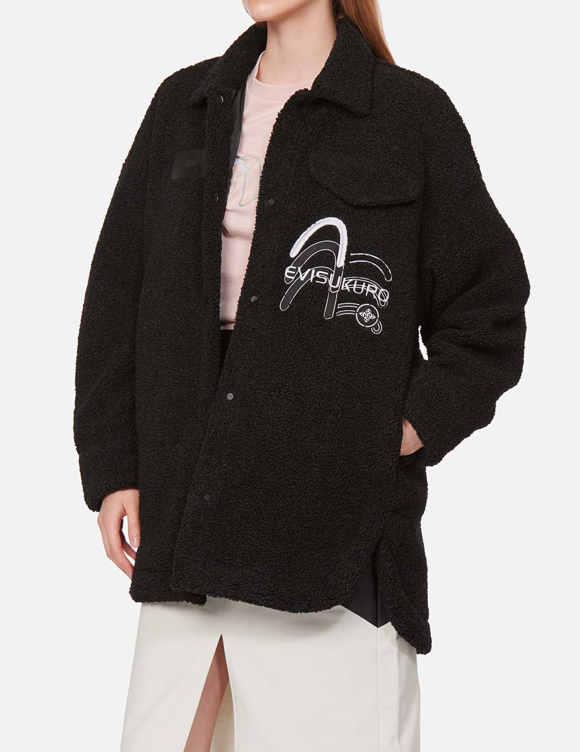 Triple Seagull Embroidered Light-padded Sherpa Fleece Shirt Jacket - 3