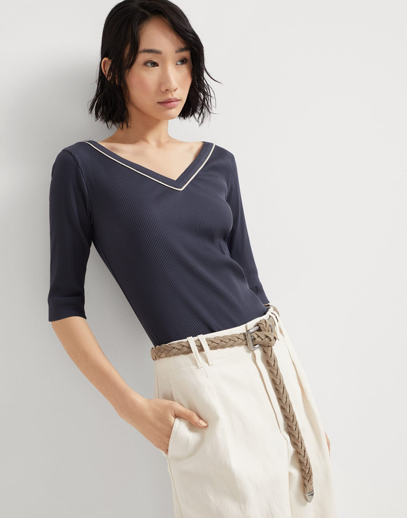 Comfort cotton ribbed jersey T-shirt with shiny piping 4