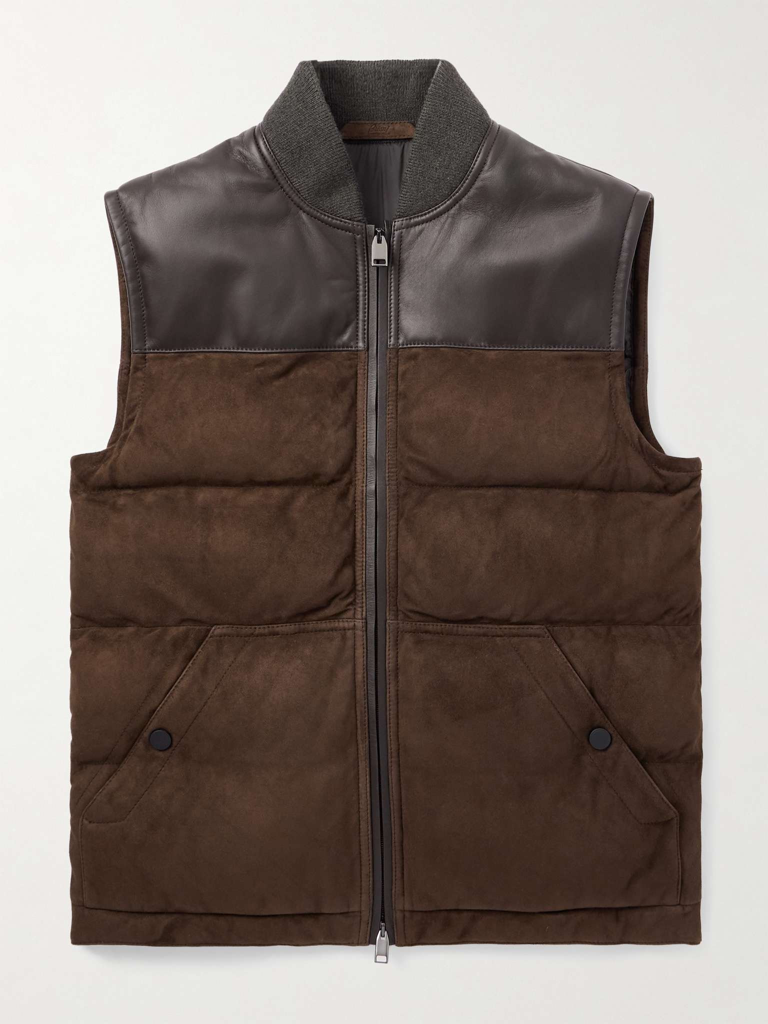 Leather-Trimmed Padded Quilted Suede Gilet - 1