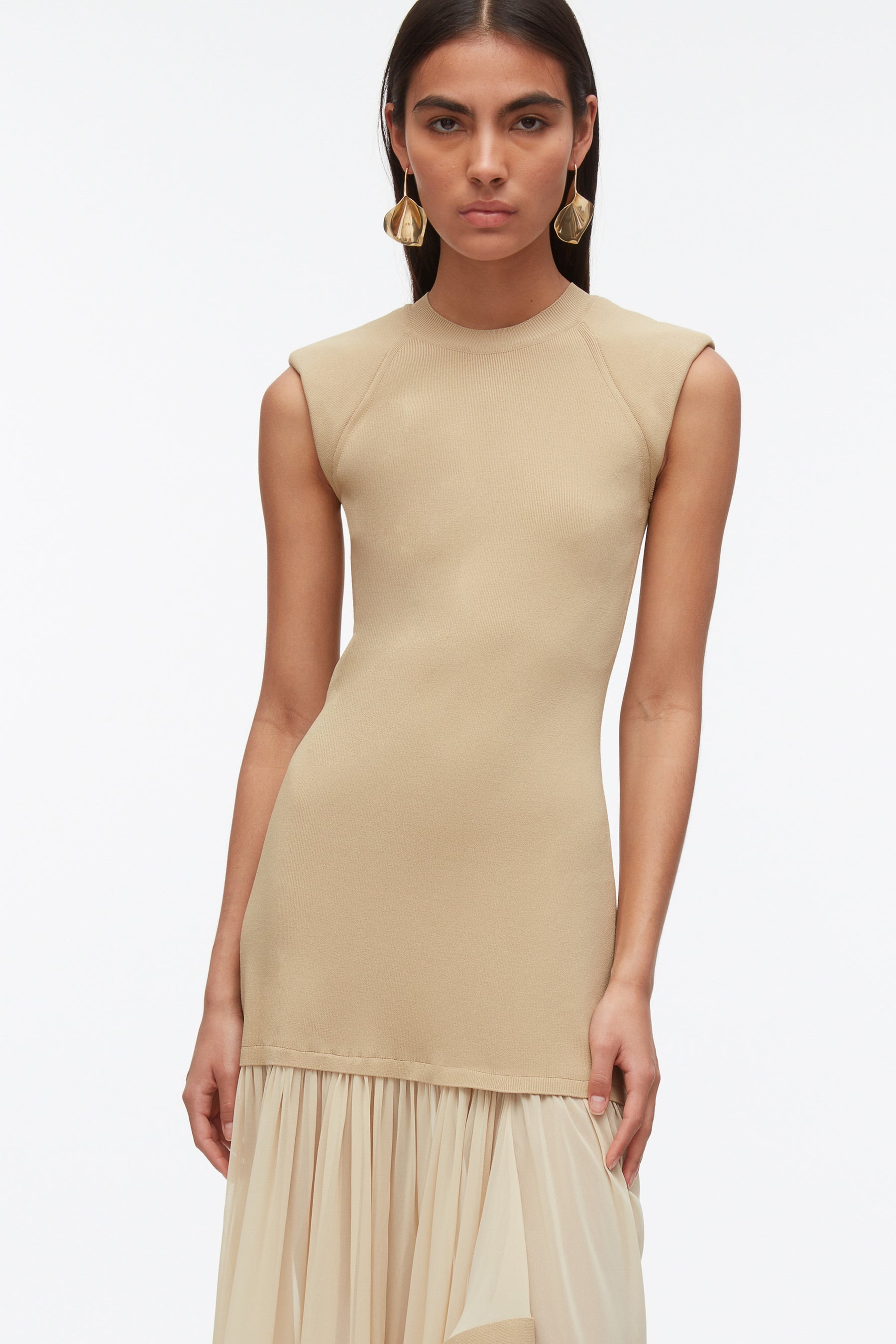 Compact Rib Dress with Chiffon Skirt - 2
