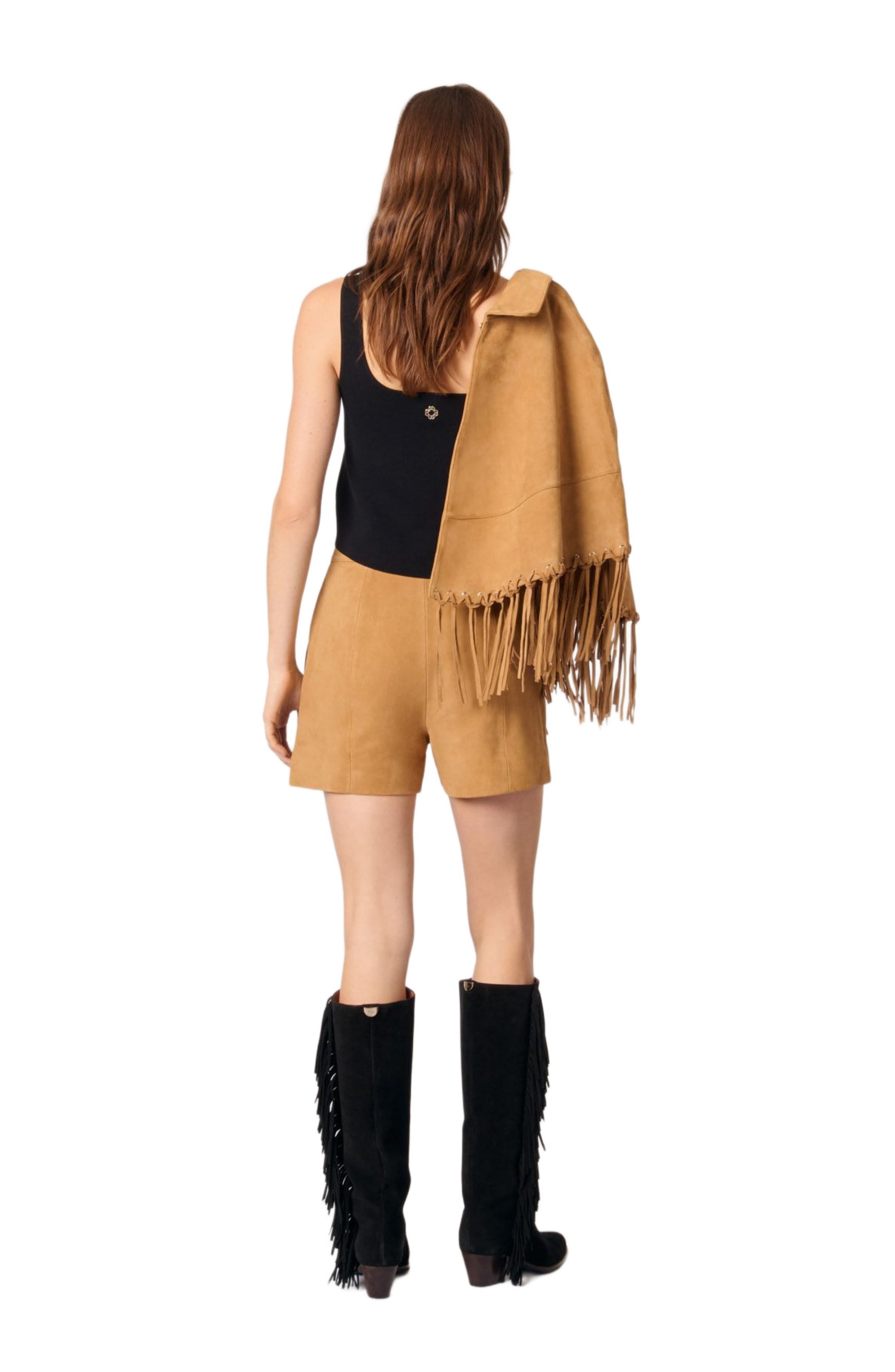 maje Fringed nubuck shorts in Beige at Nordstrom - 4