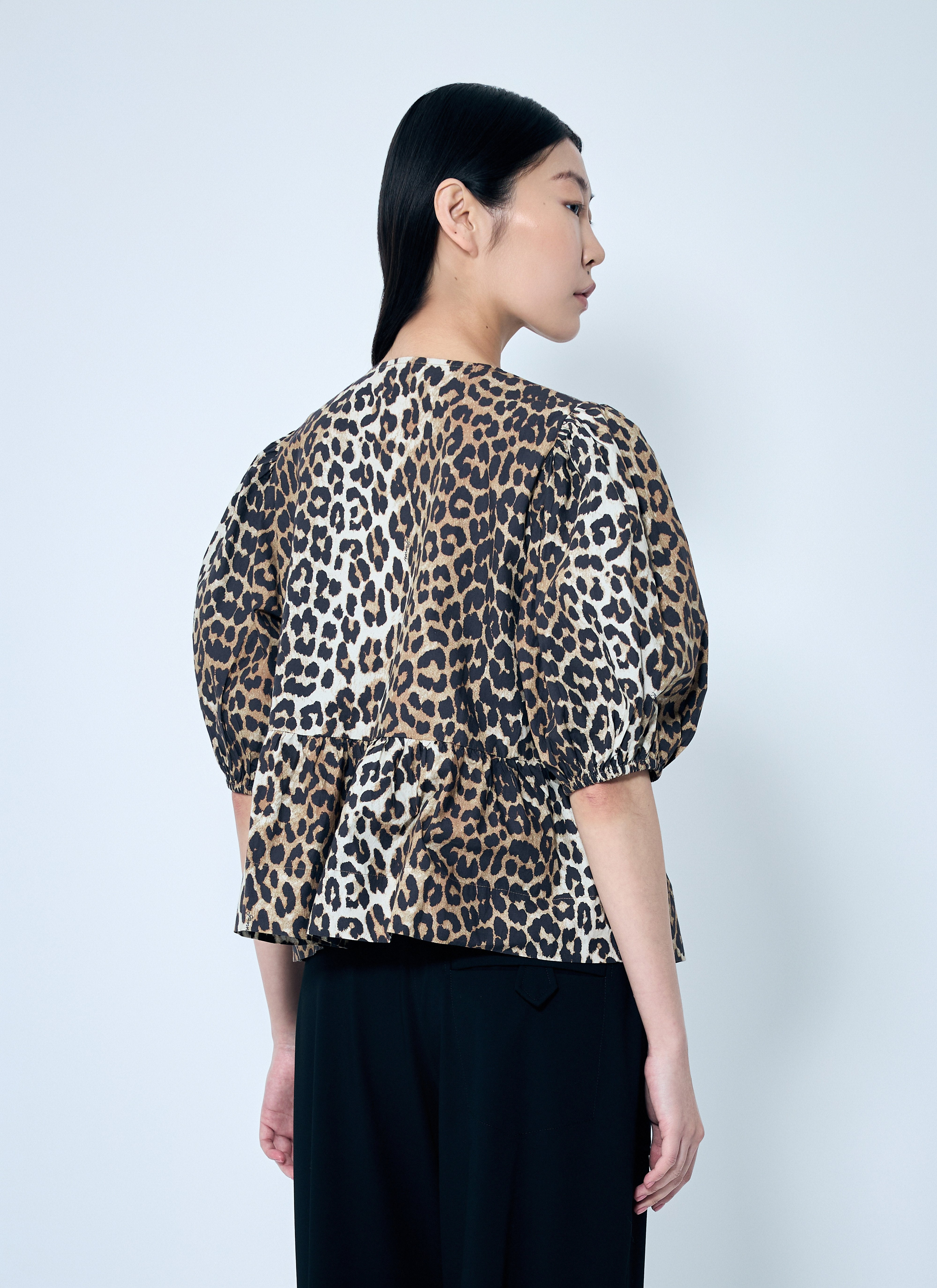 Ganni Women Leopard Poplin Peplum Blouse - 4