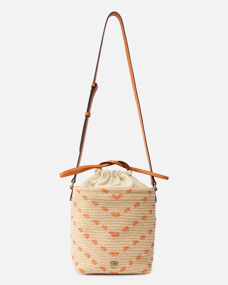 BUCKET MINI CROSSBODY BAG IN RAFFIA WITH CHEVRON MOTIF 1