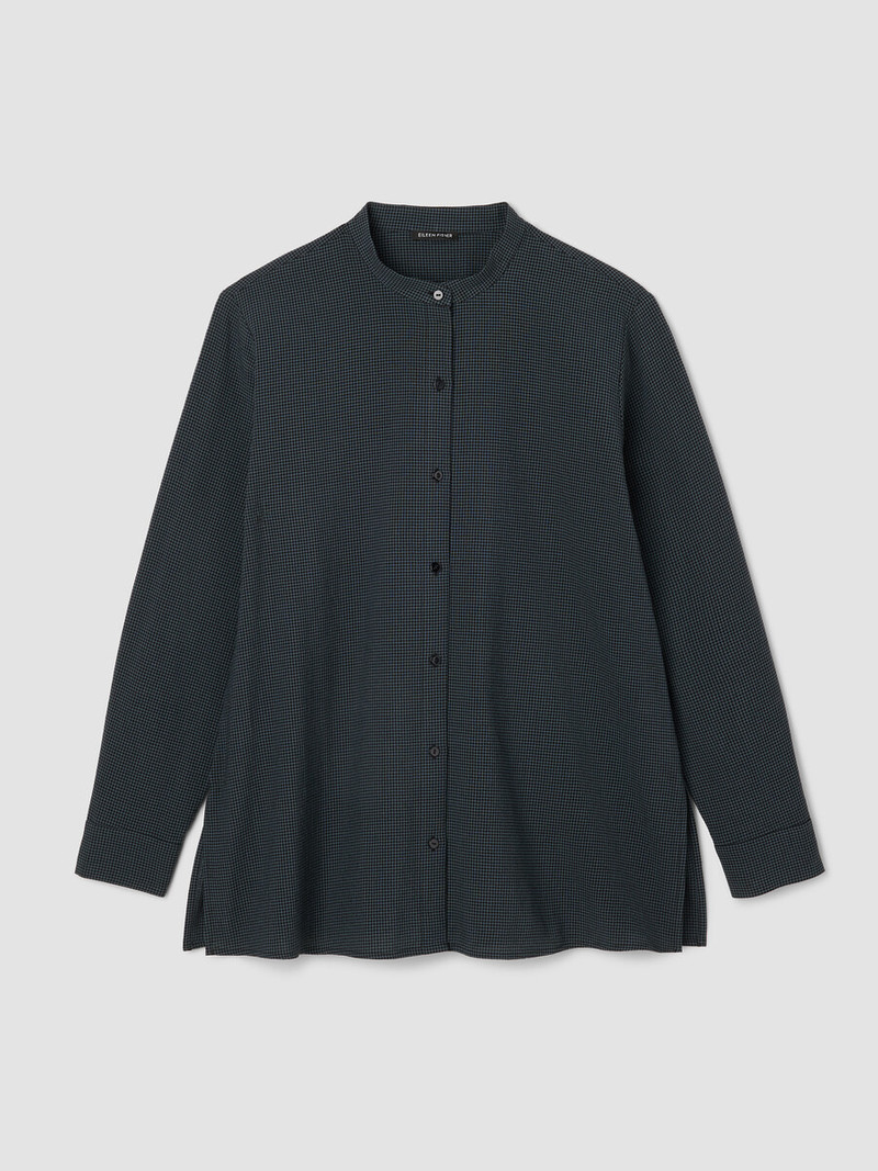 Mini Check Crepe Band Collar Top 1