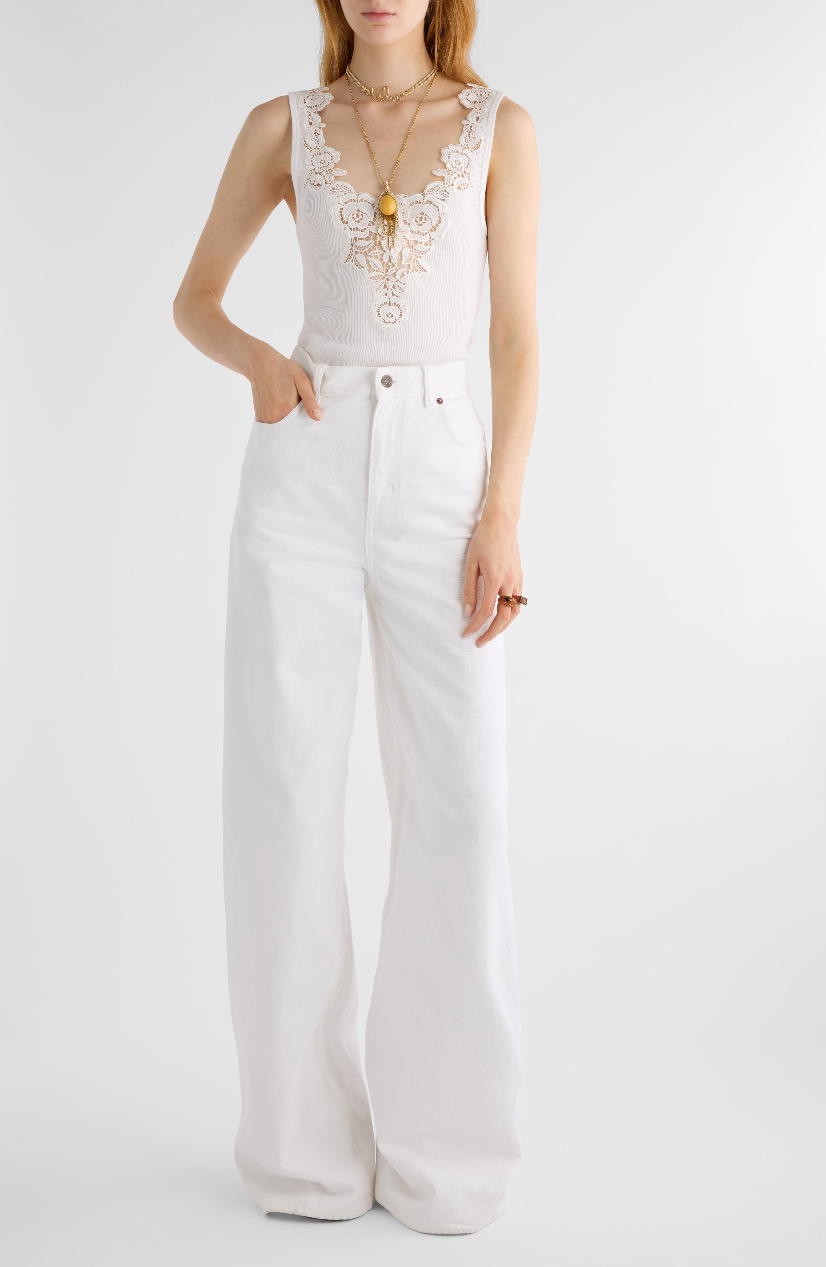 Chloé Guipure Trim Rib Fitted Cotton Jersey Tank in White at Nordstrom - 2