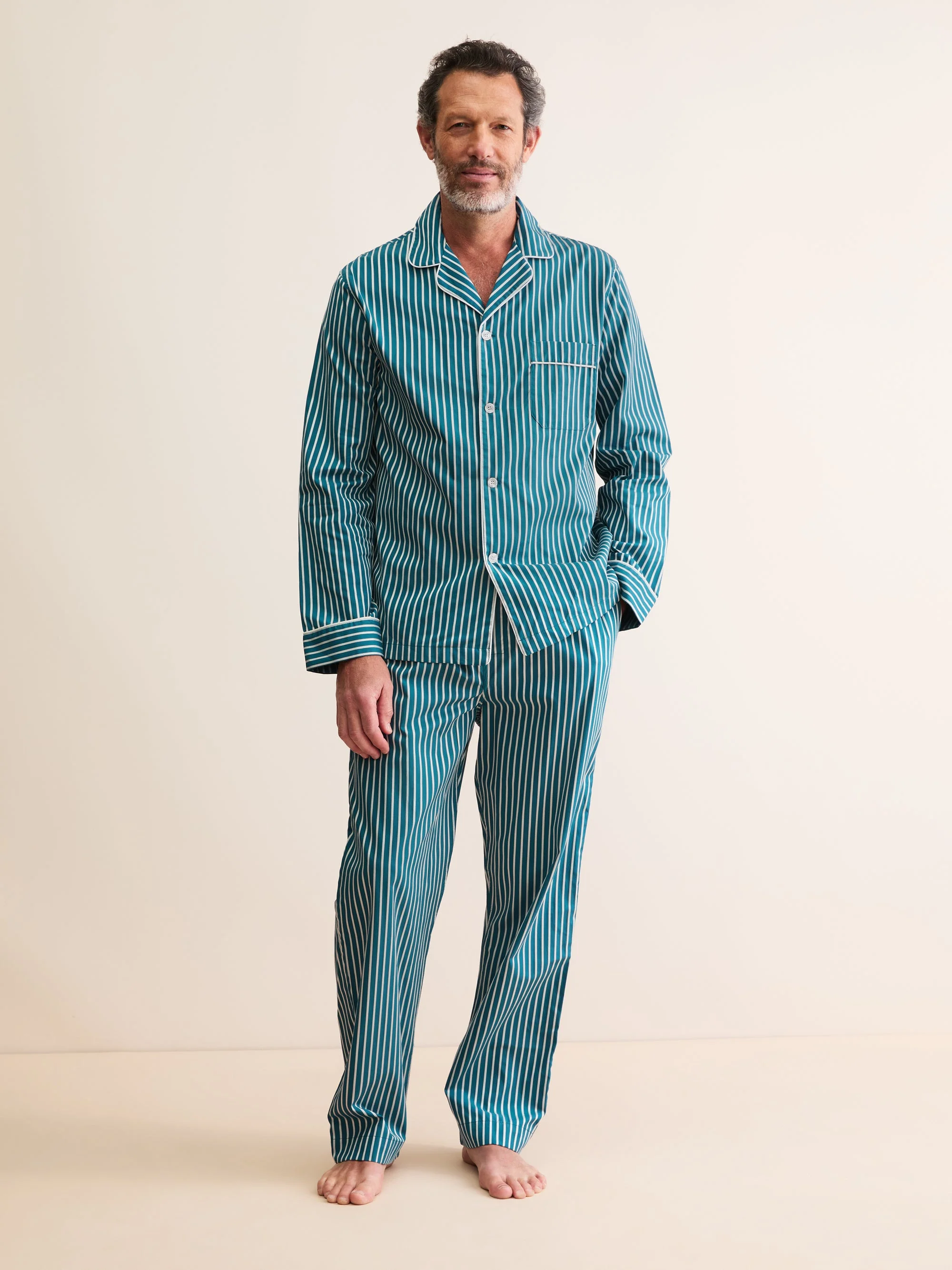 Men's Classic Fit Pajamas Royal Cotton Teal & White Stripe - 1