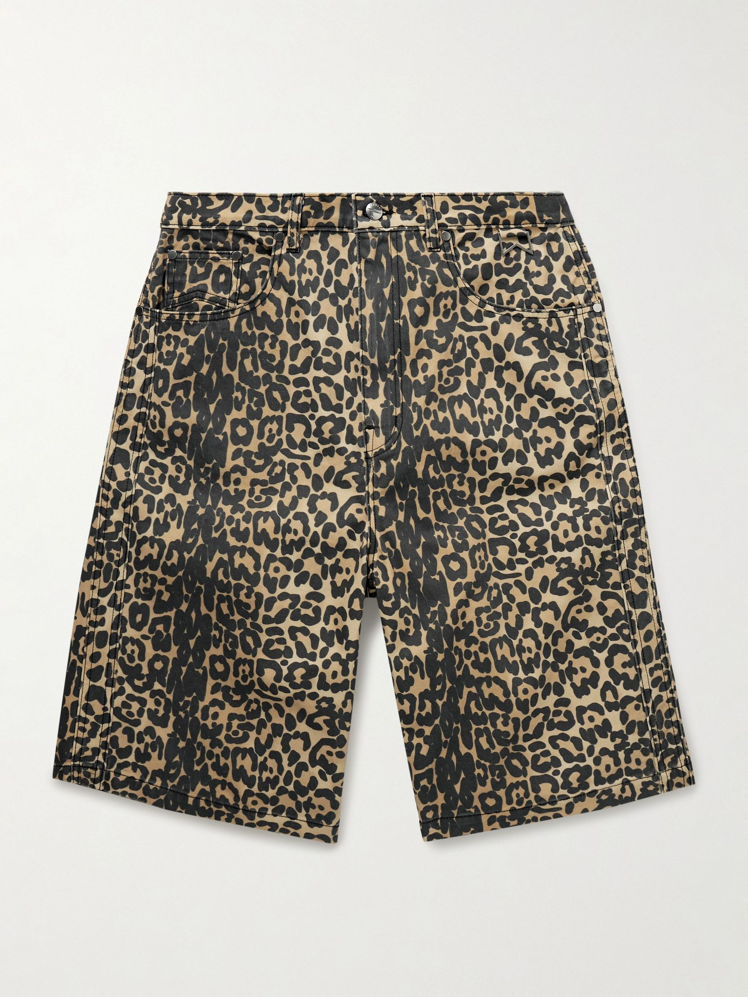 Wide-Leg Leopard-Print Denim Shorts Black - 1