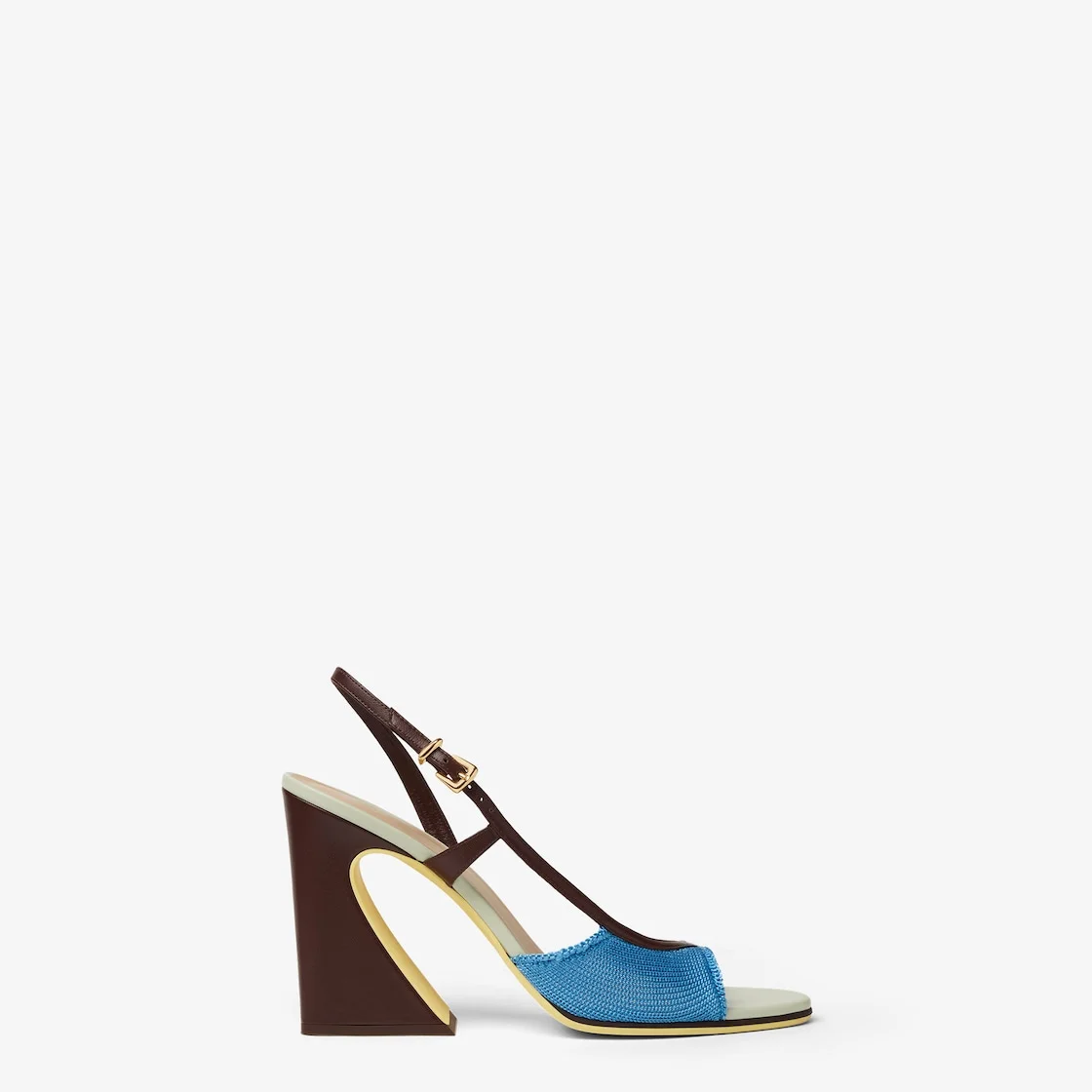 Fendi Arco High-heeled sandal in light blue knit and dark brown nappa leather. - 1