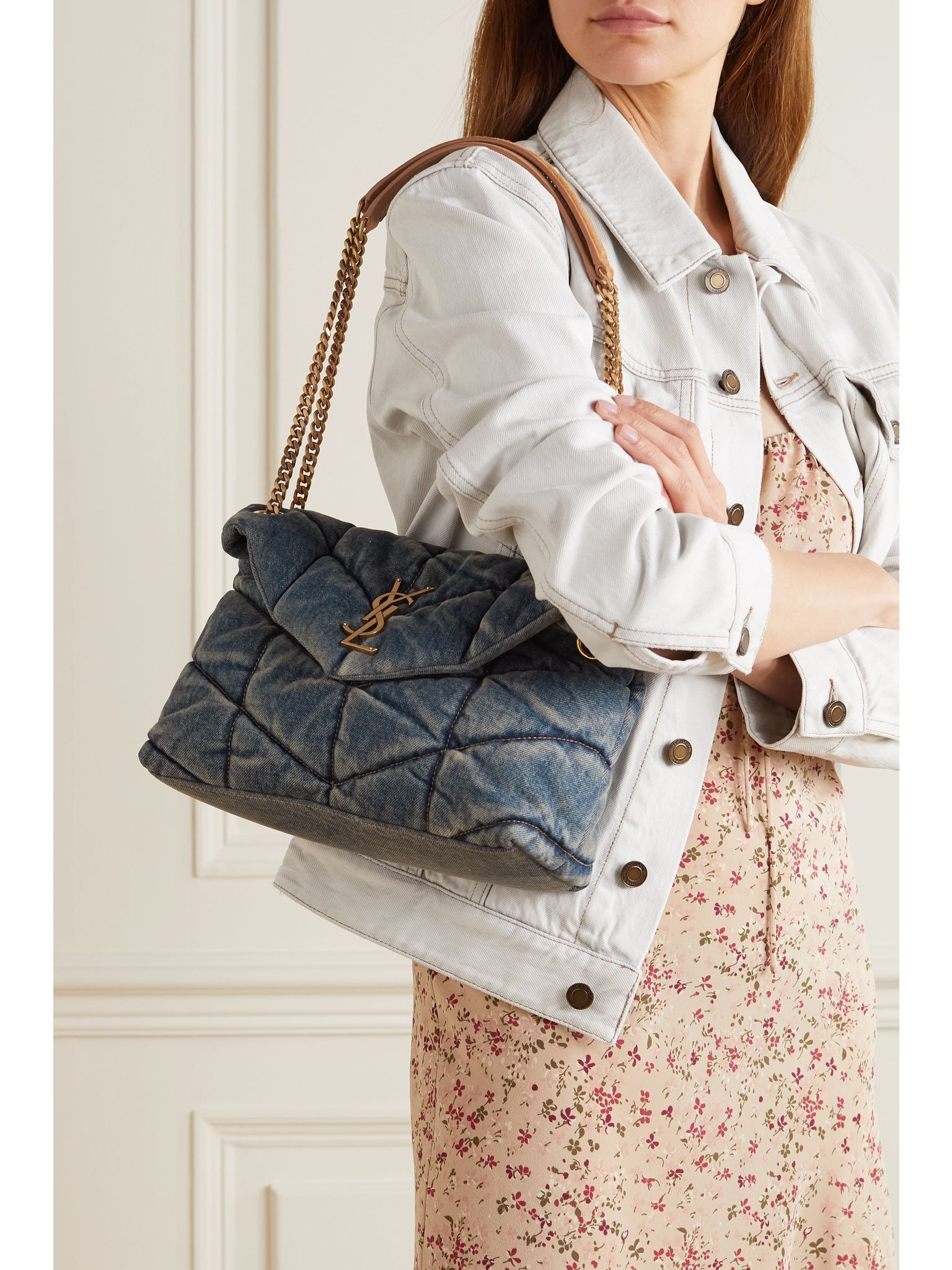 Puffer small suede-trimmed quilted denim shoulder bag Navy - 2