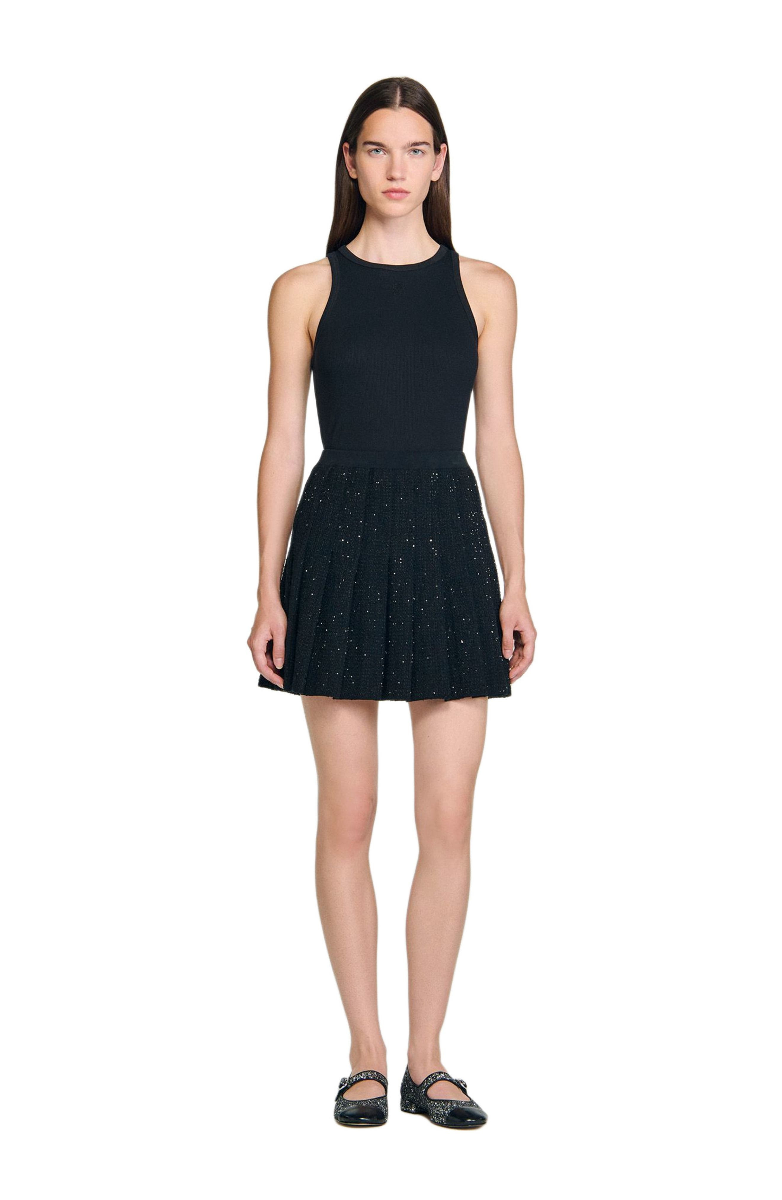 SANDRO Mini tweed pleated skirt in Black at Nordstrom - 2