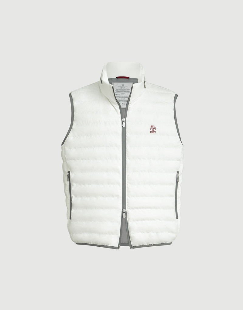 Bonded nylon down vest with logo and packable hood 1