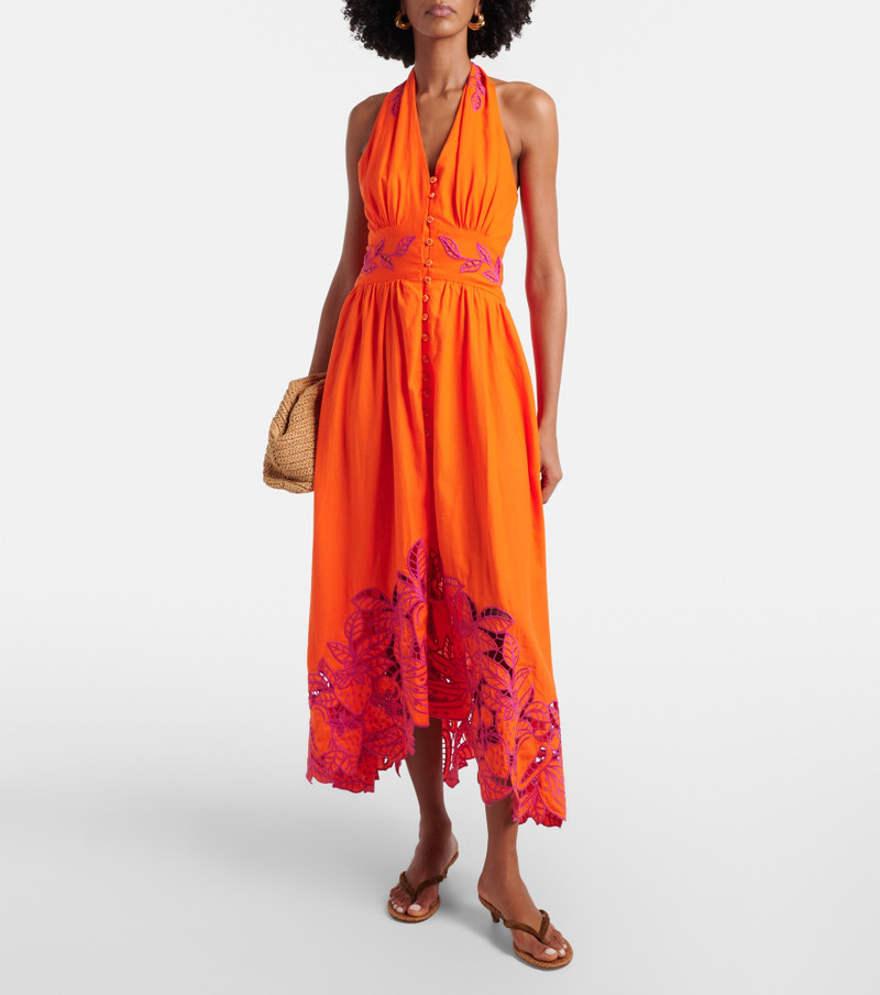 FARM RIO Broderie anglaise linen-blend halterneck midi dress outlook