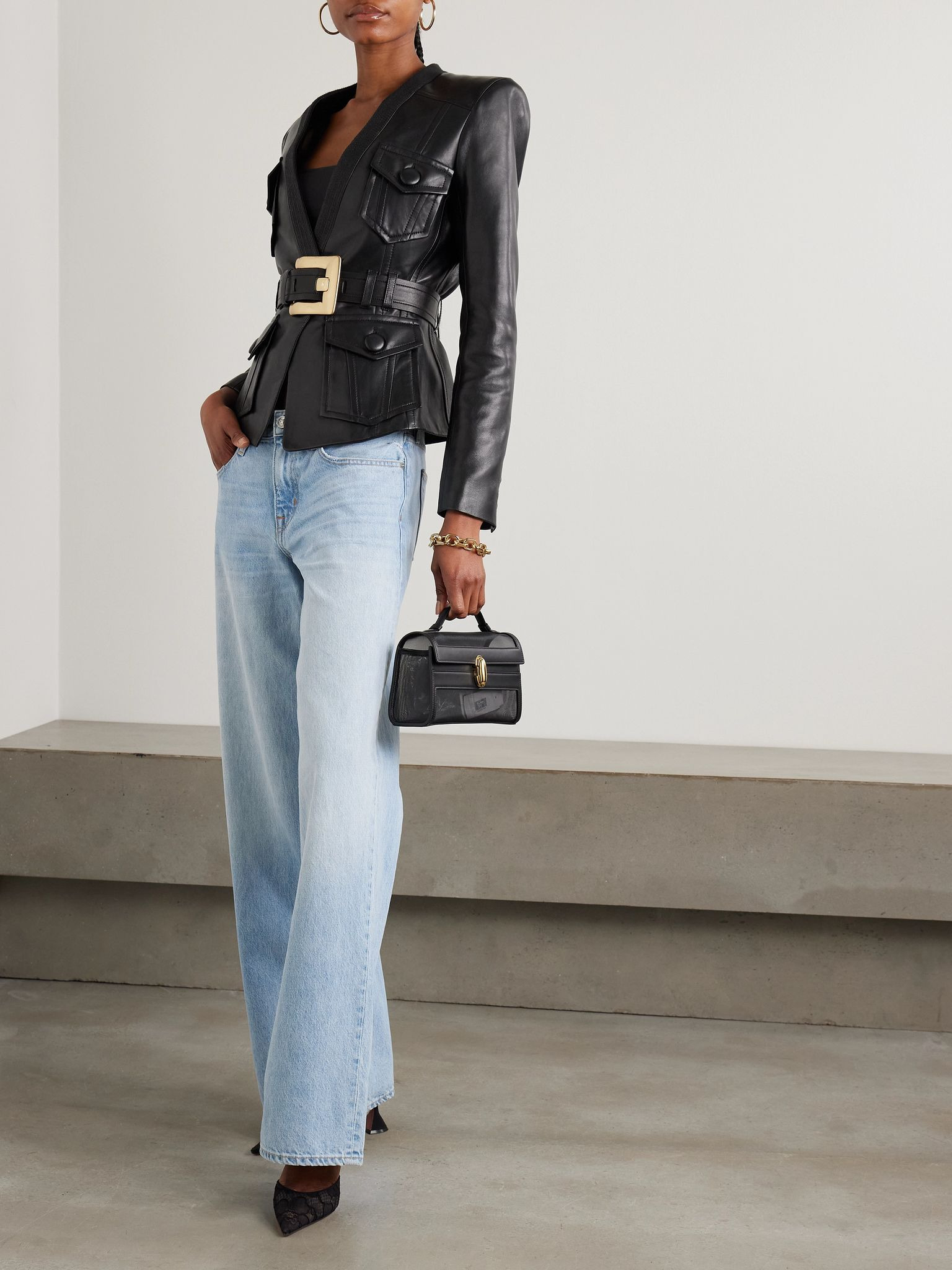 Belted leather blazer Black - 2