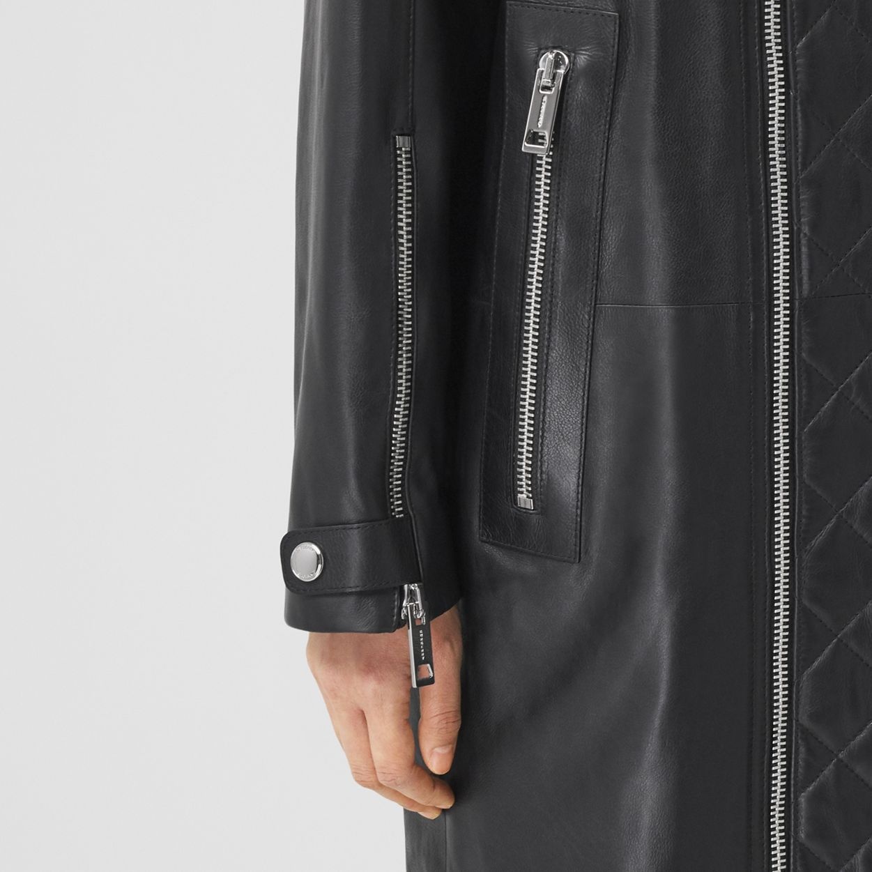 Detachable Diamond Quilted Panel Leather Car Coat - 5