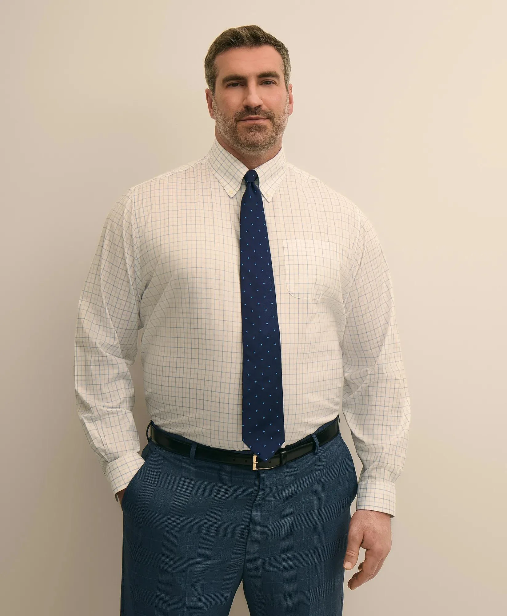 Big & Tall Stretch Cotton Non-Iron Pinpoint Oxford Polo Button Down, Windowpane Dress Shirt - 1