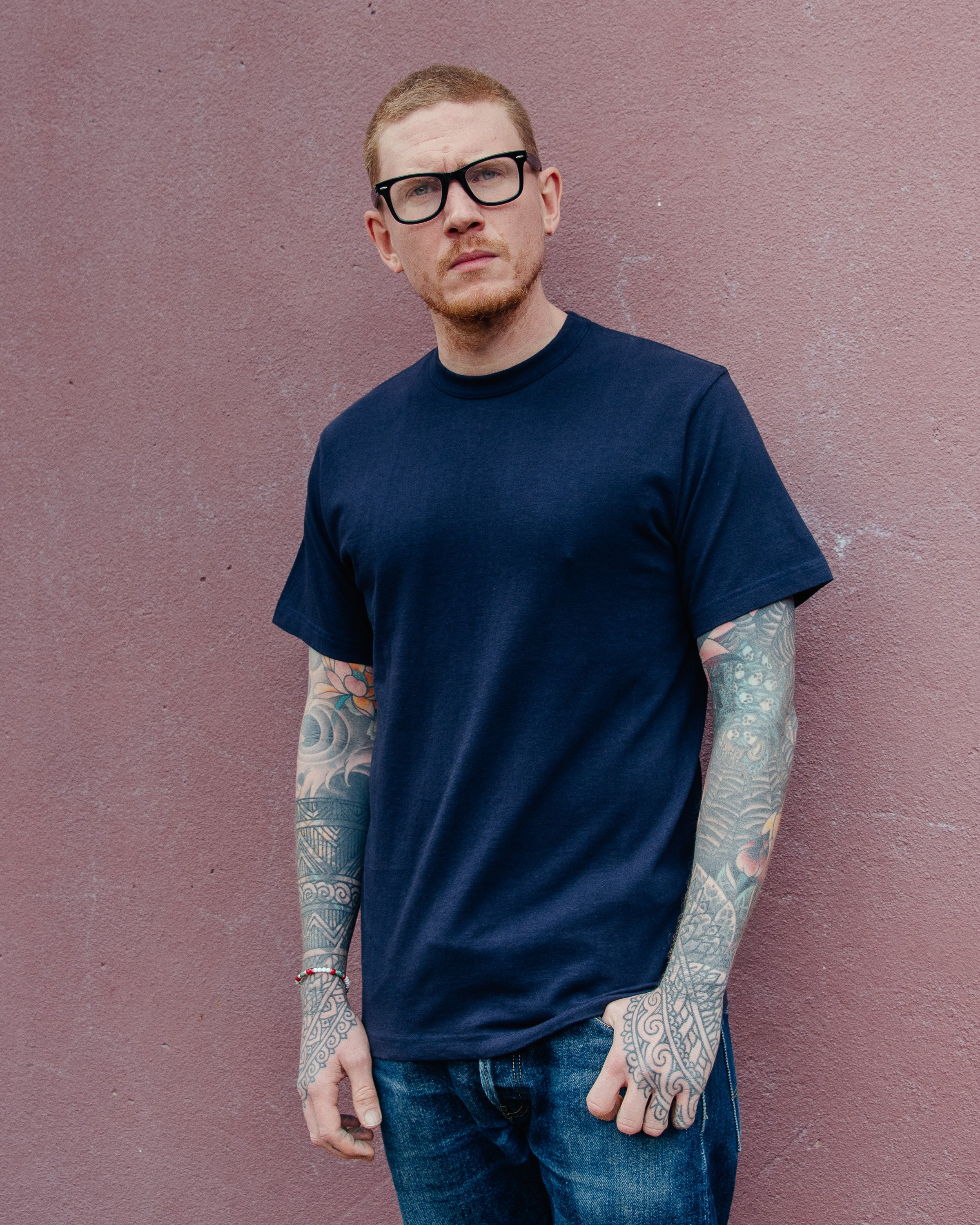 IHT-1610L-NAV 6.5oz Loopwheel Crew Neck T-Shirt with longer body - Navy - 4