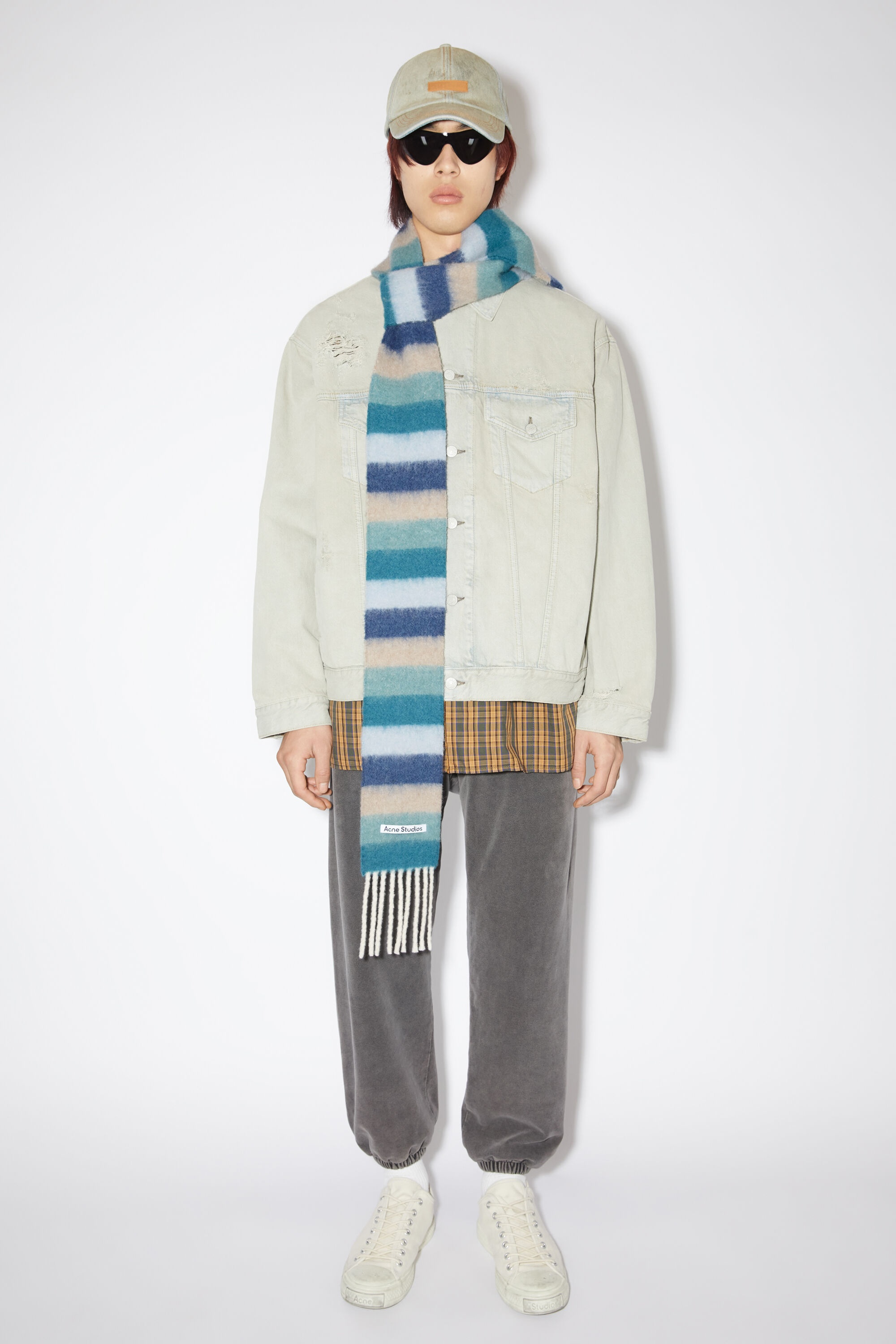 Wool-apaca fringe scarf - Skinny - Blue/grey - 3