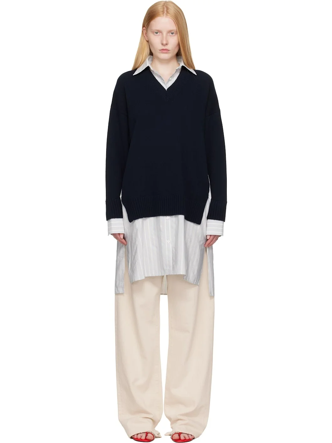 Navy Crewneck Jumper Shirt Midi Dress - 1