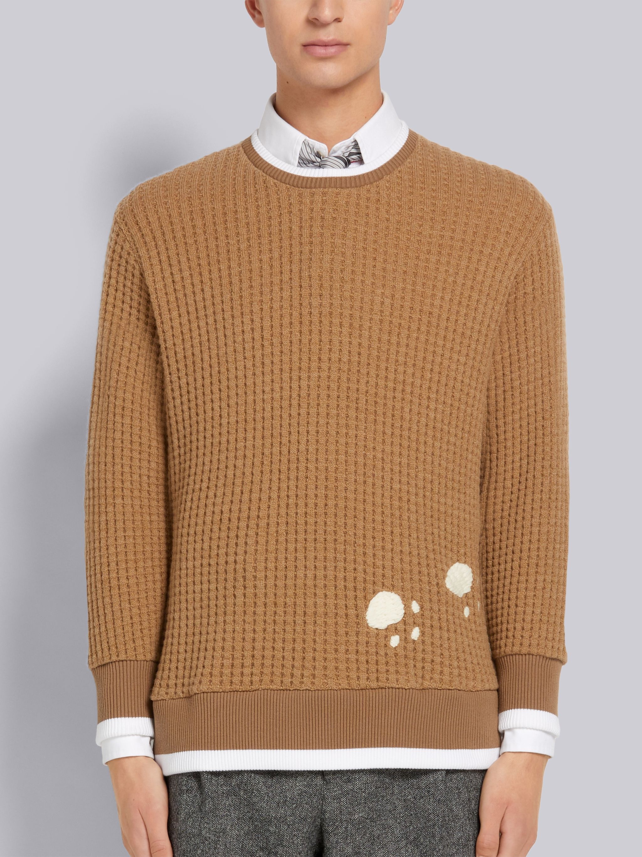 Camel Chunky Wool Waffle Engineered Bear Embroidery Relaxed Fit Crew Neck Sweatshirt - 1