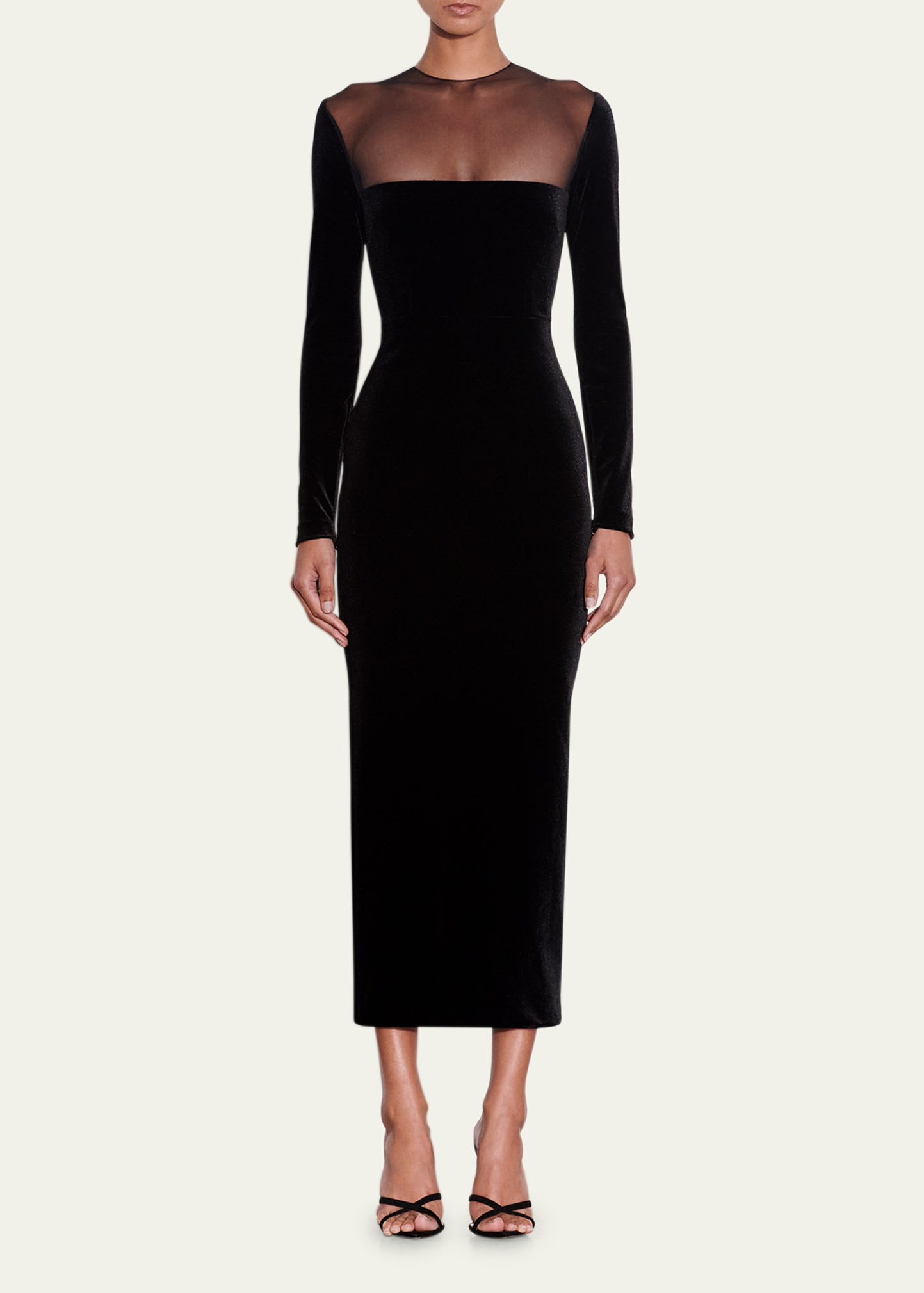 Velvet Long Sleeve Dress with Contrast Mesh Panel - 2