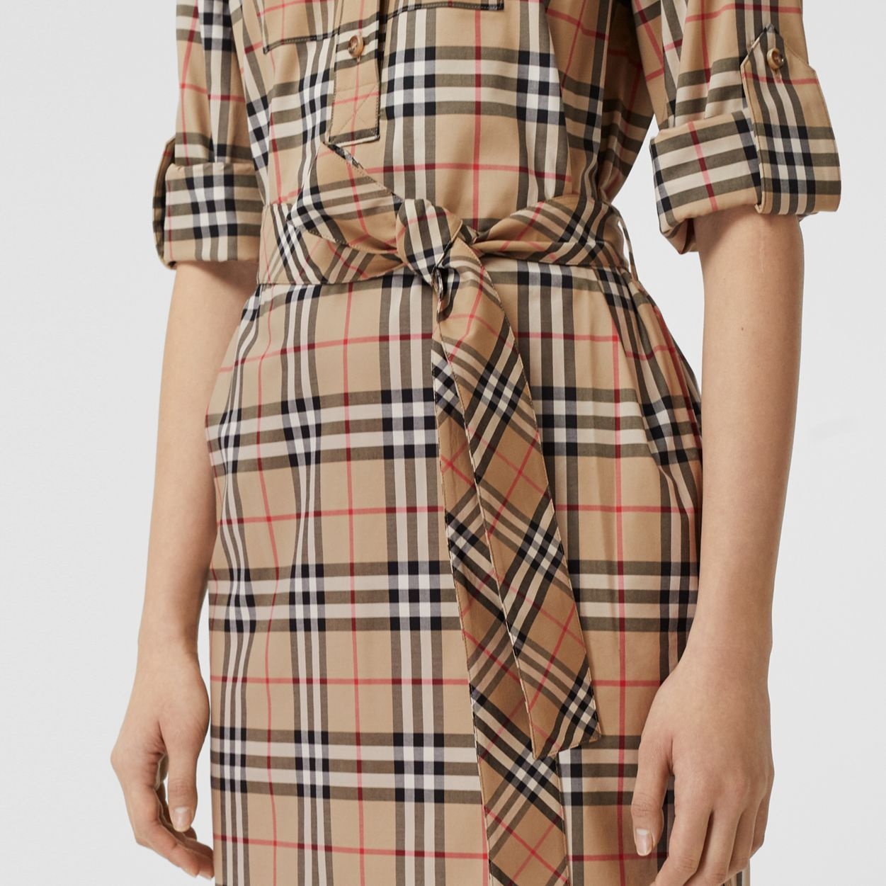 Contrast Check Stretch Cotton Tie-waist Shirt Dress - 5