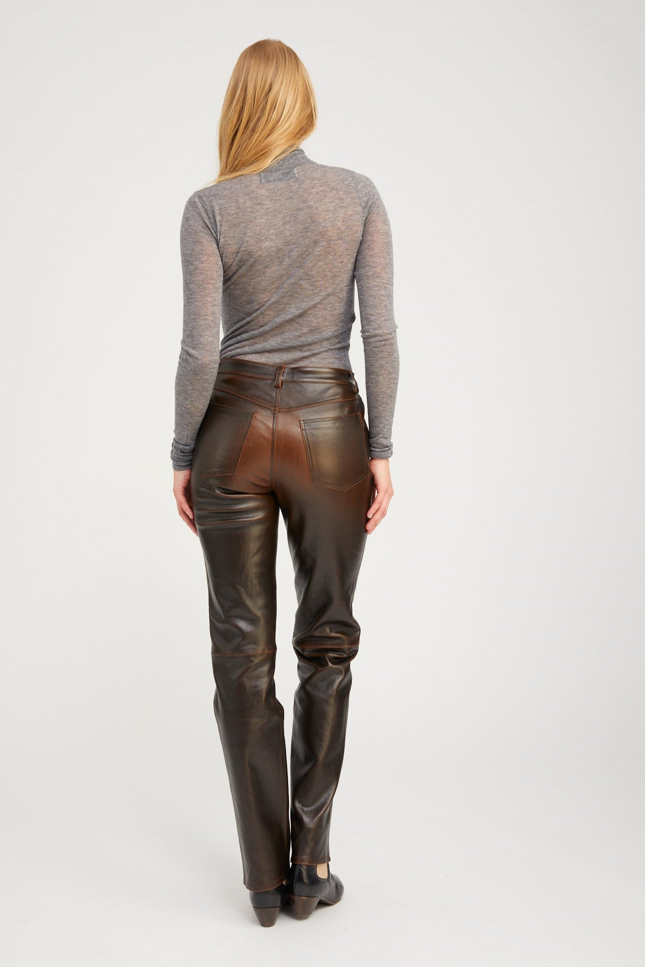BURNT UMBER LEATHER 5 POCKET SLIM STRAIGHT - 6