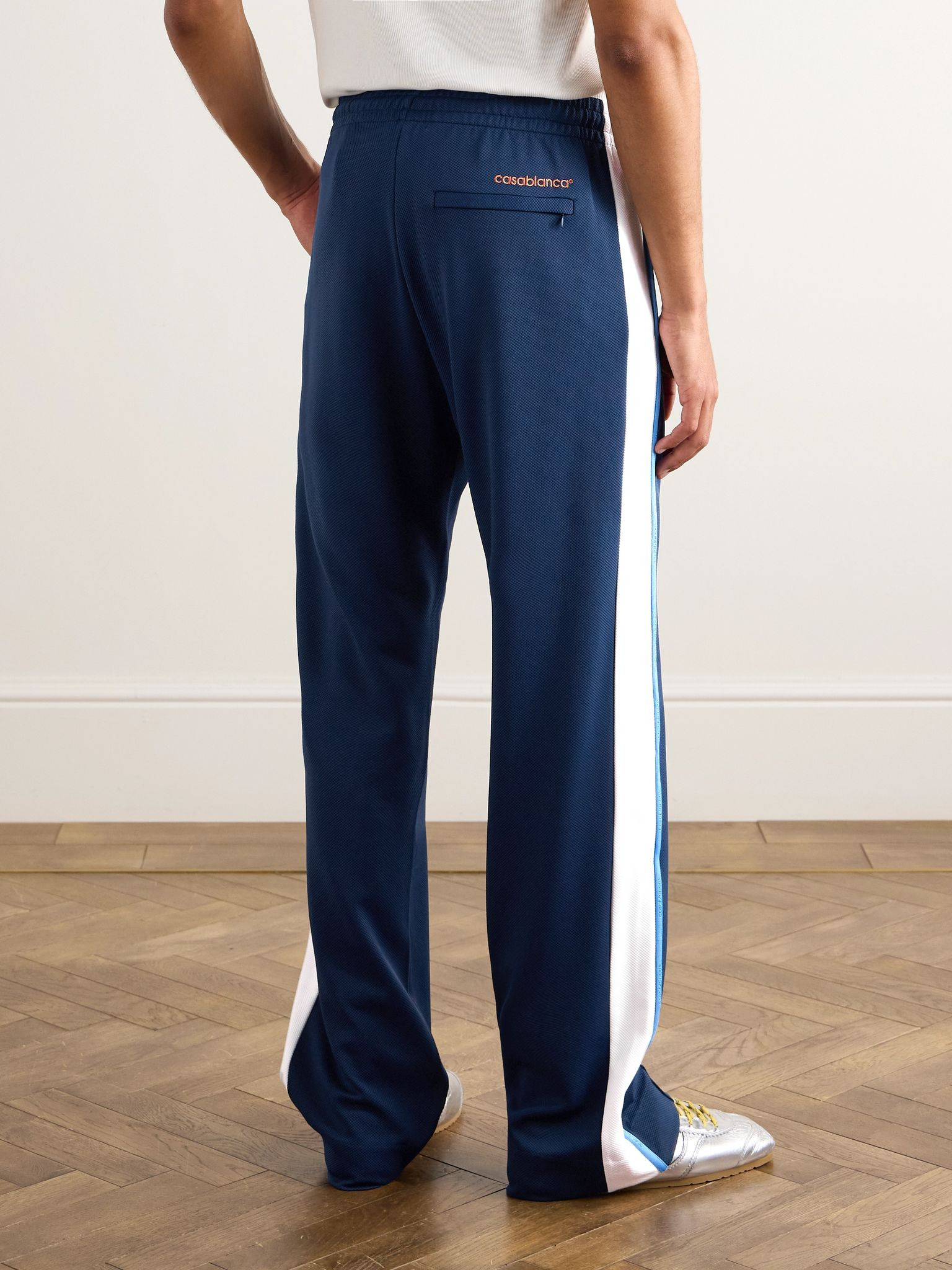 Straight-Leg Logo-Appliquéd Striped Piqué Track Pants Navy - 4