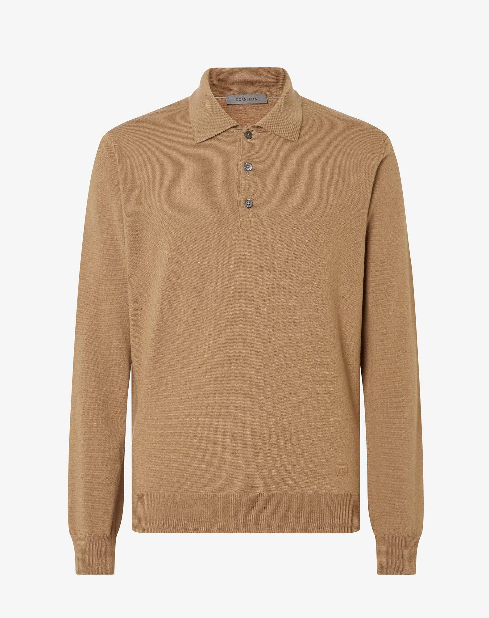 Camel beige extra fine merino wool button-up polo shirt - 1