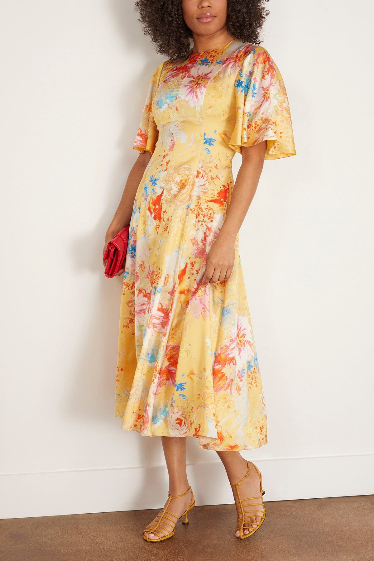 Sarah Printed Satin Midi Dress with Flutter Sleeve in Yellow Peony - 2
