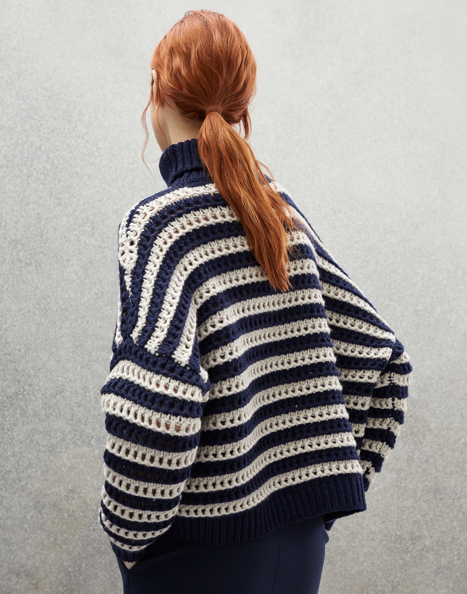 Striped net turtleneck sweater in virgin wool, cashmere and silk feather yarn - 2