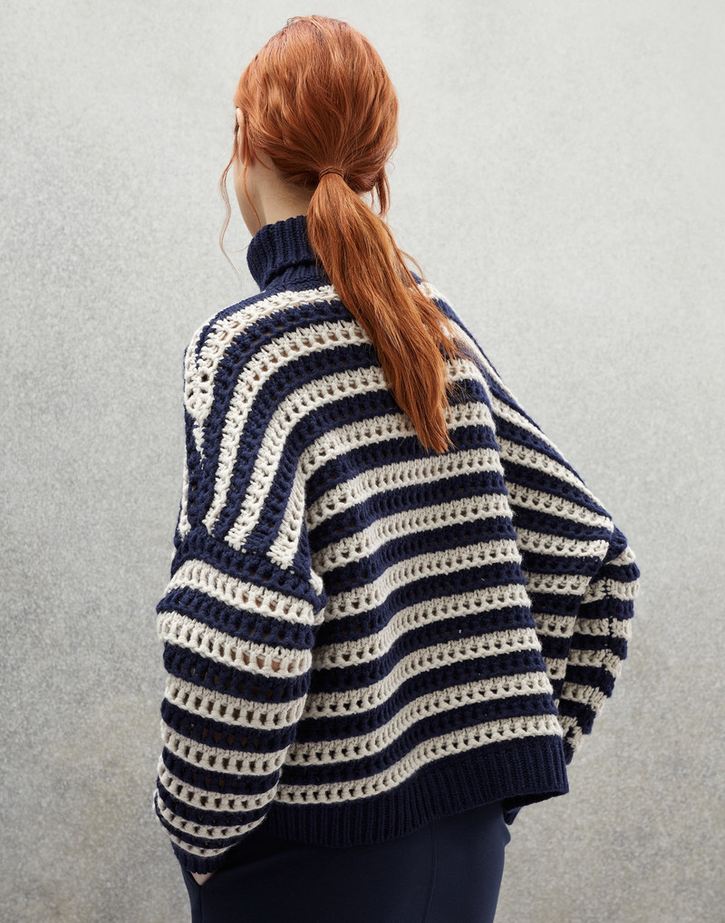 Striped net turtleneck sweater in virgin wool, cashmere and silk feather yarn 2