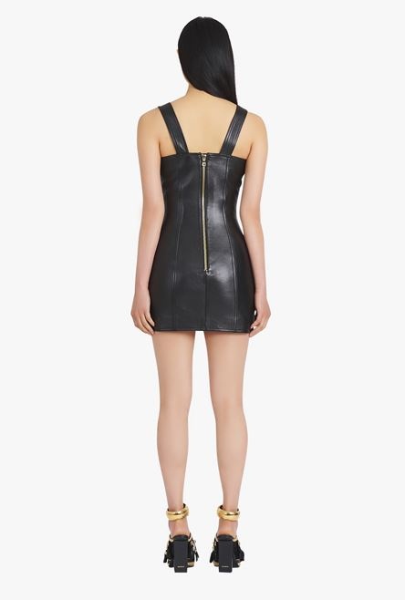 Short black leather overall dress - 3