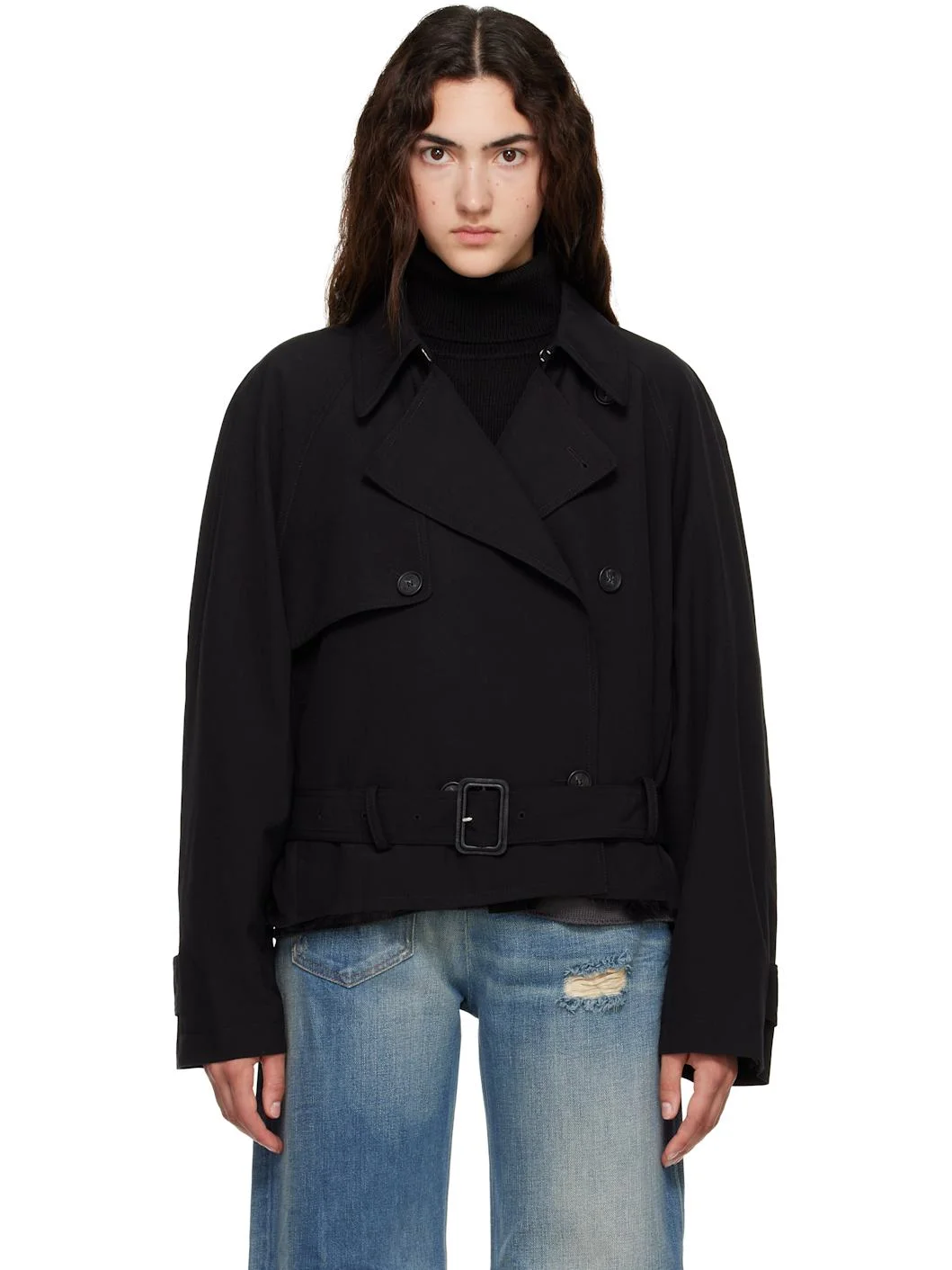 Black Belted Wool Blend Jacket - 1