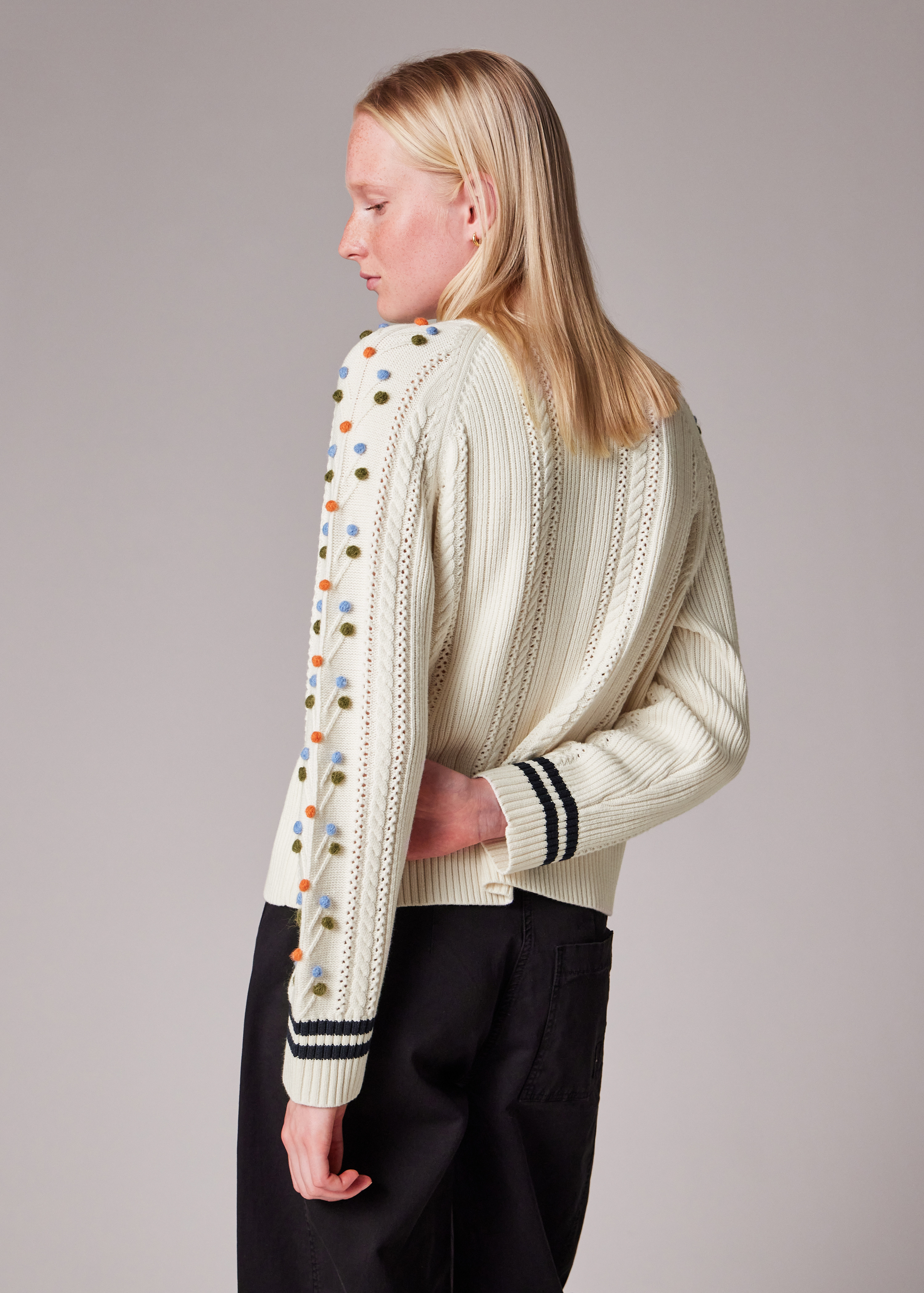 Women's Ecru Cable Knit Pom Pom Cardigan - 7