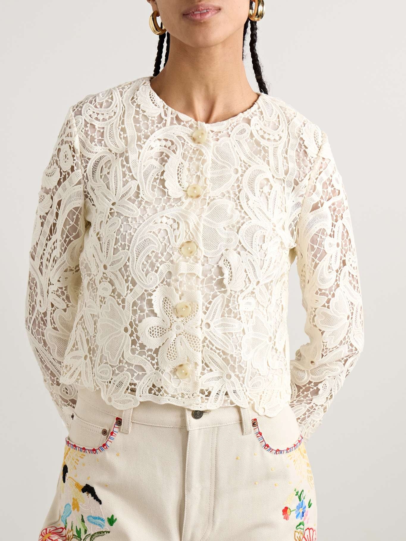 Caris cropped guipure lace jacket Cream - 3