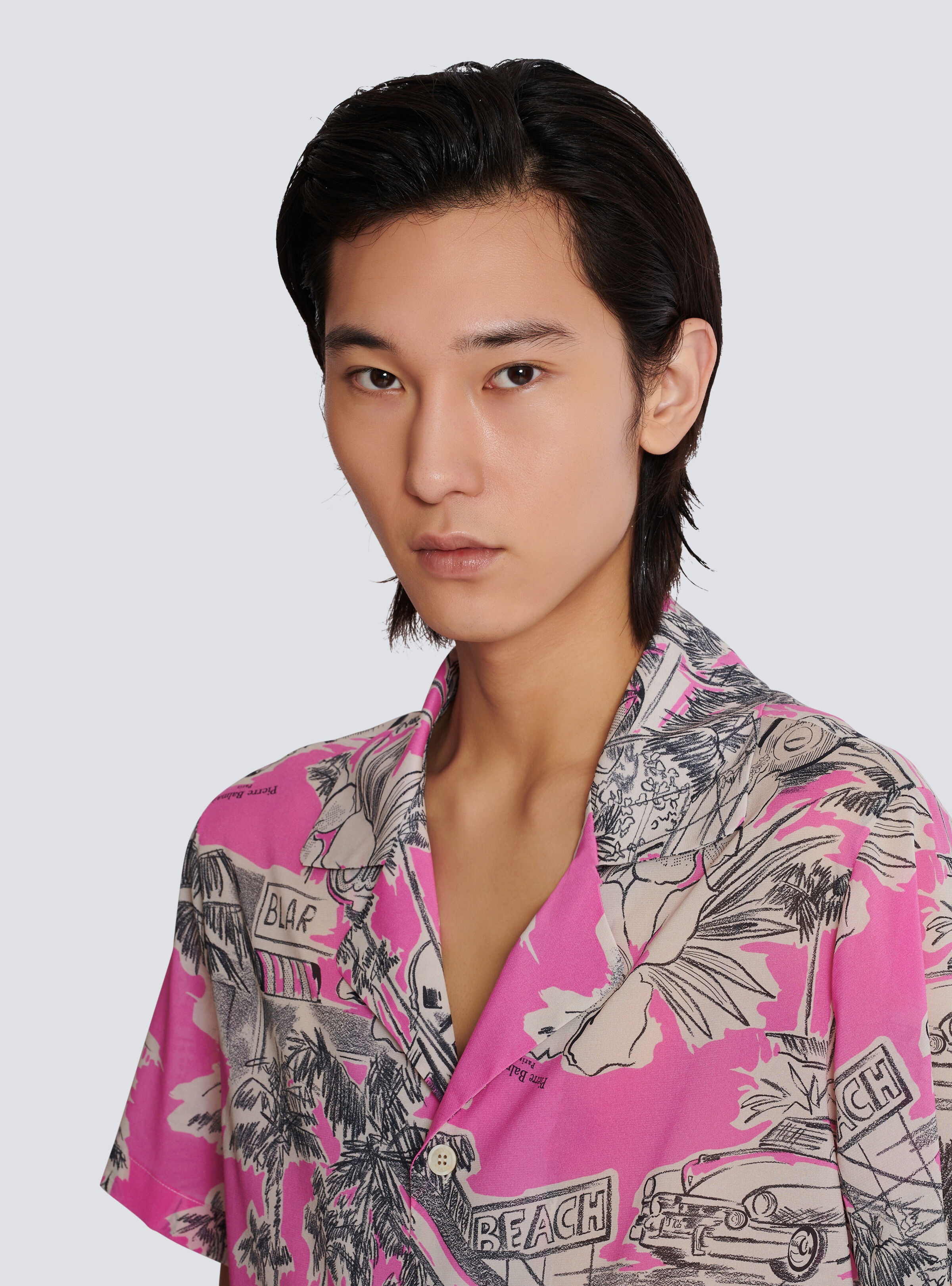 Short-sleeved silk pyjama shirt with Miami print - 7